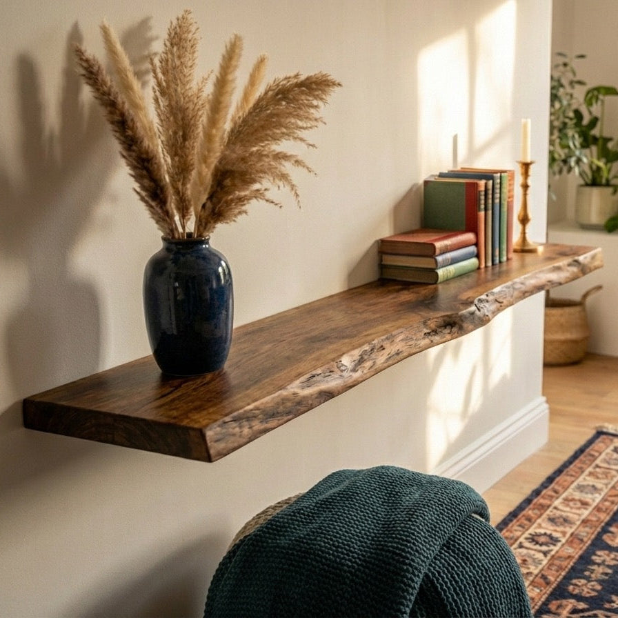 Wooden shelf with decorative items in a cozy living room