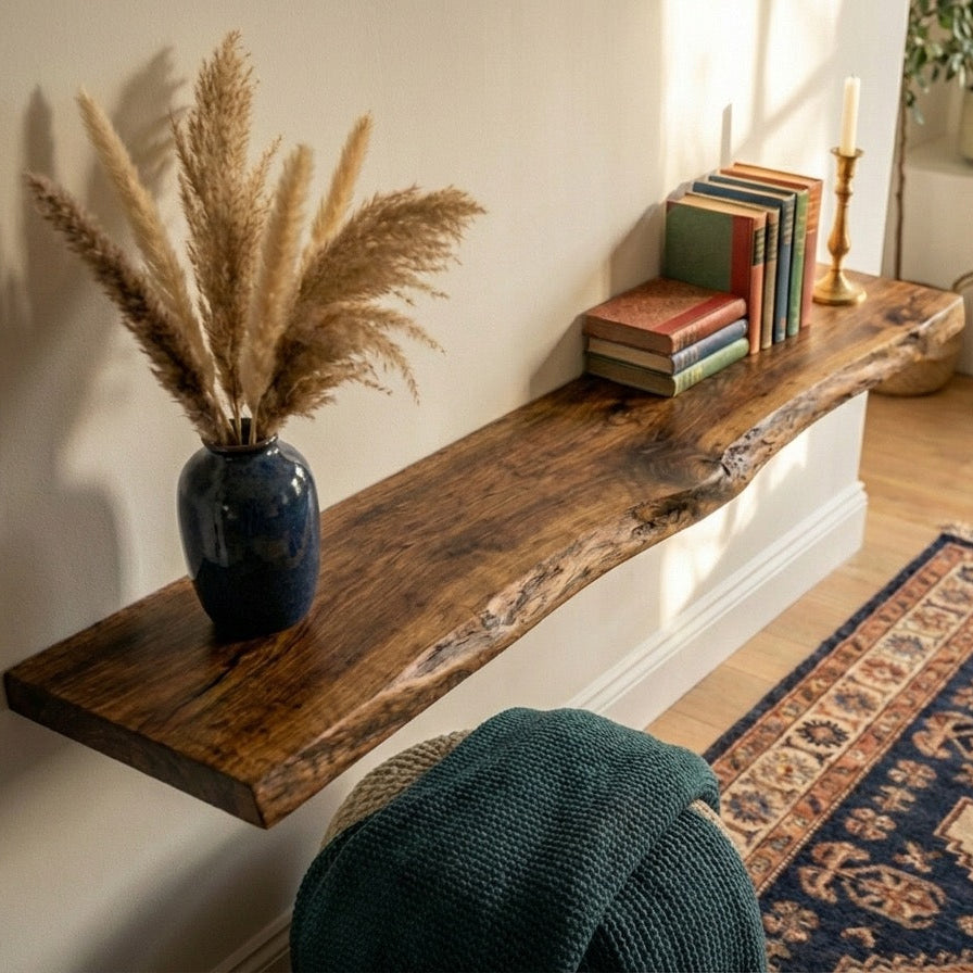 Wooden shelf with decorative items in a home setting