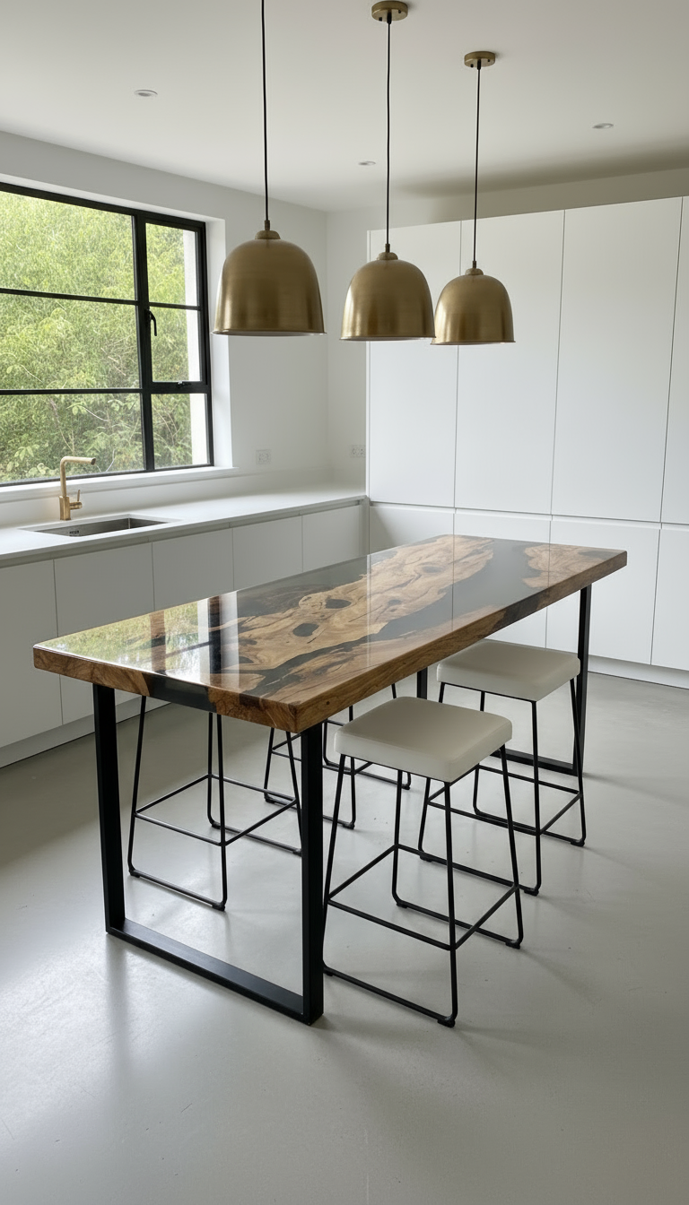 Blue epoxy sofa table 60x18x40 and  60x32 by standard dining height for Spencer