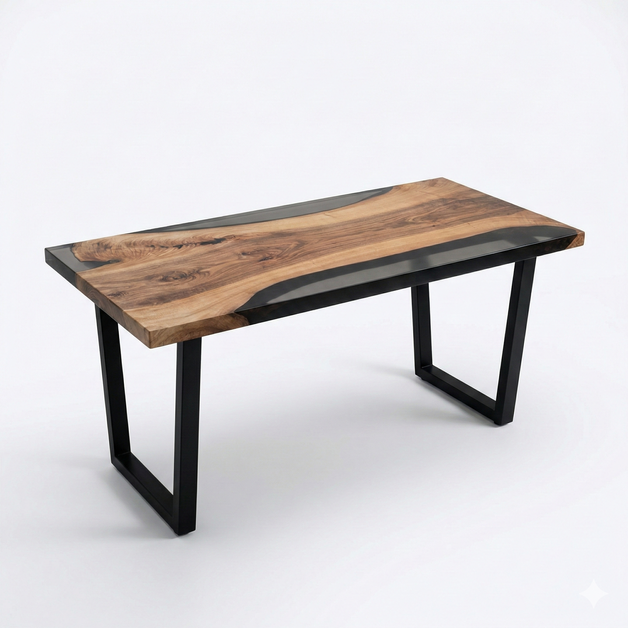 walnut smoke epoxy table with black metal legs on a white background