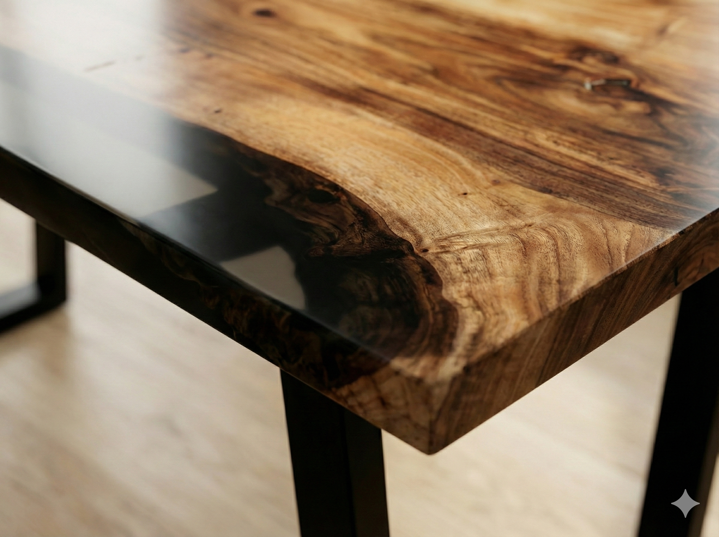 Wooden table with a natural finish and black metal legs on a neutral background