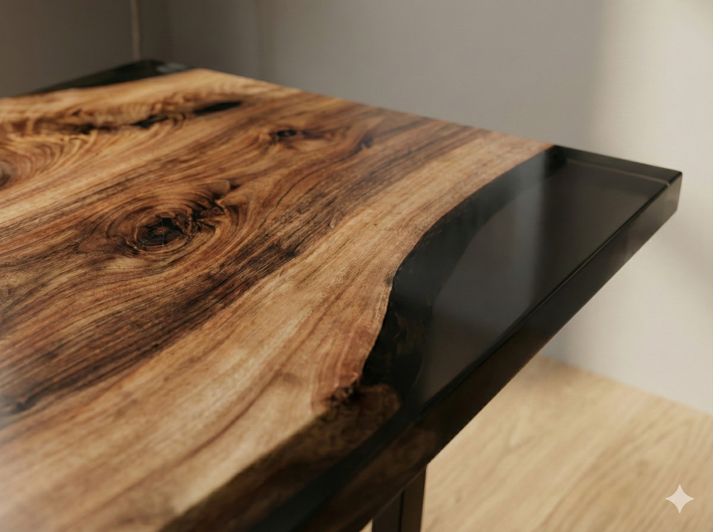 Wooden cutting board with black metal frame on a wooden surface