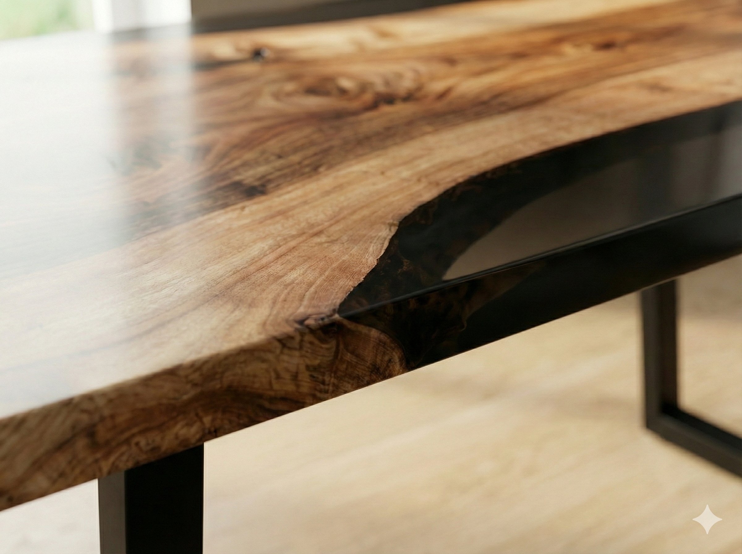 Wood smoke epoxy table with black metal legs in a modern interior setting