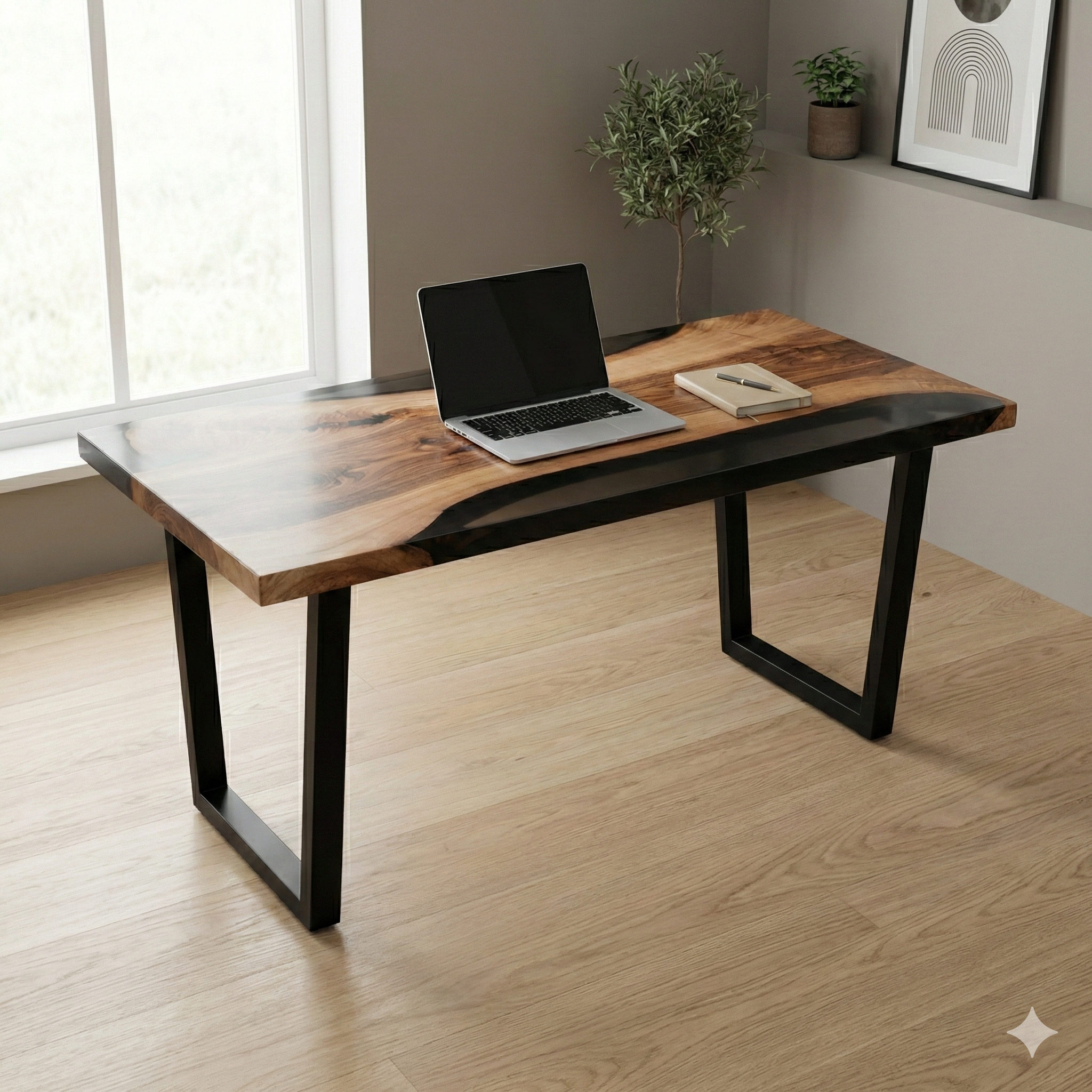 Wooden desk with black metal legs in a room with a window and plants.