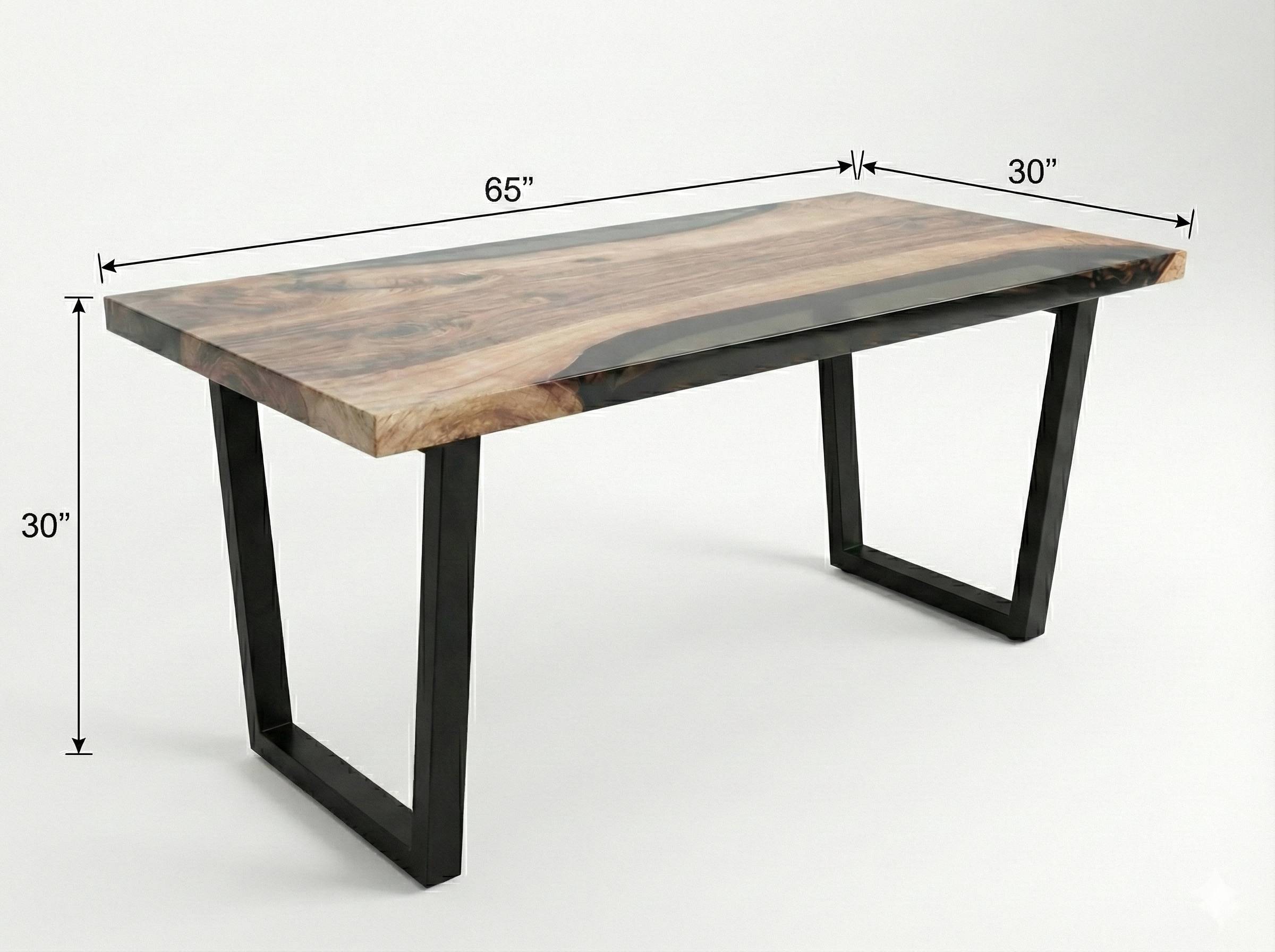 Wooden table with black metal legs and measurements on a white background