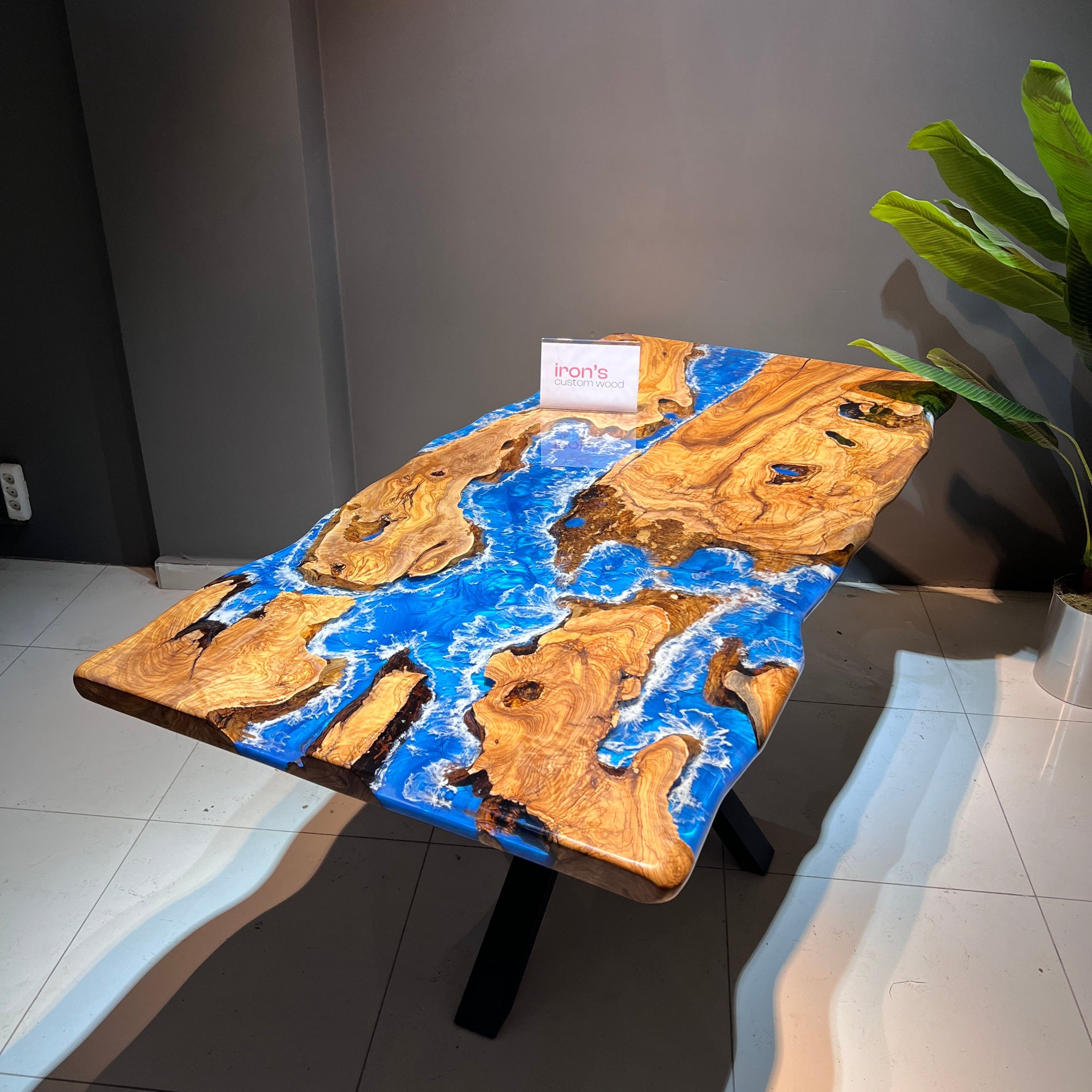 Live Edge Olive Wood Dining Table with Ocean Blue Resin