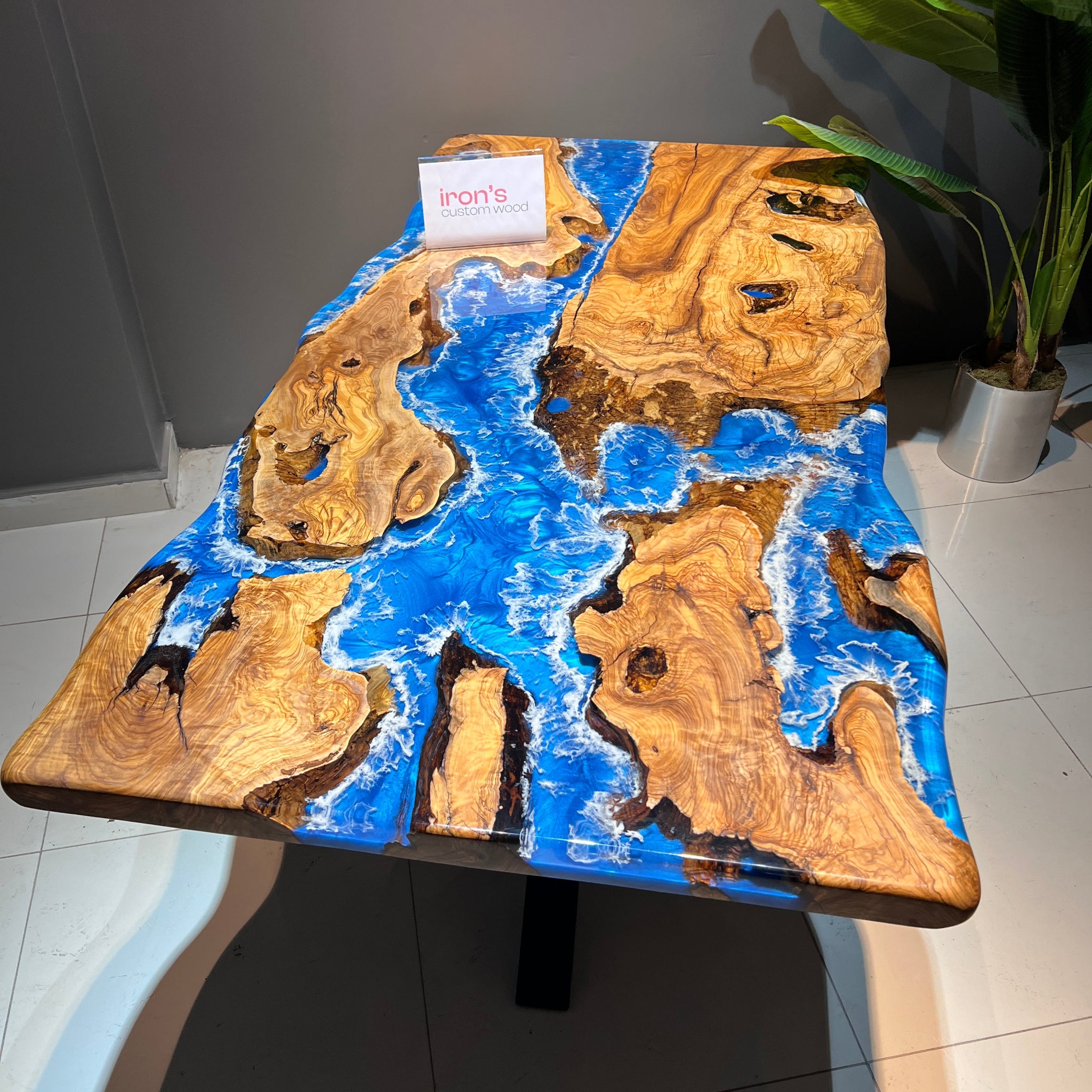 Live Edge Olive Wood Dining Table with Ocean Blue Resin