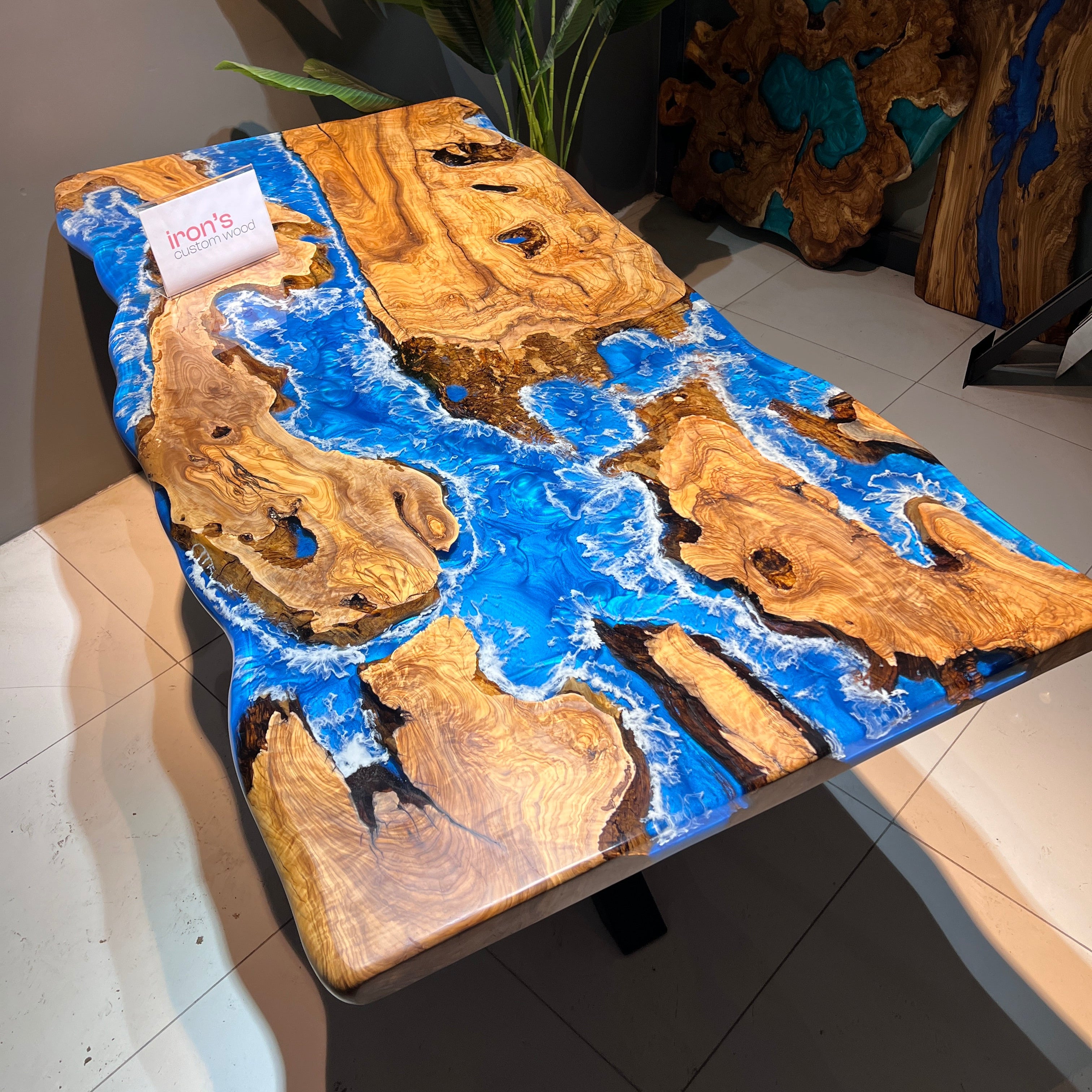 Live Edge Olive Wood Dining Table with Ocean Blue Resin