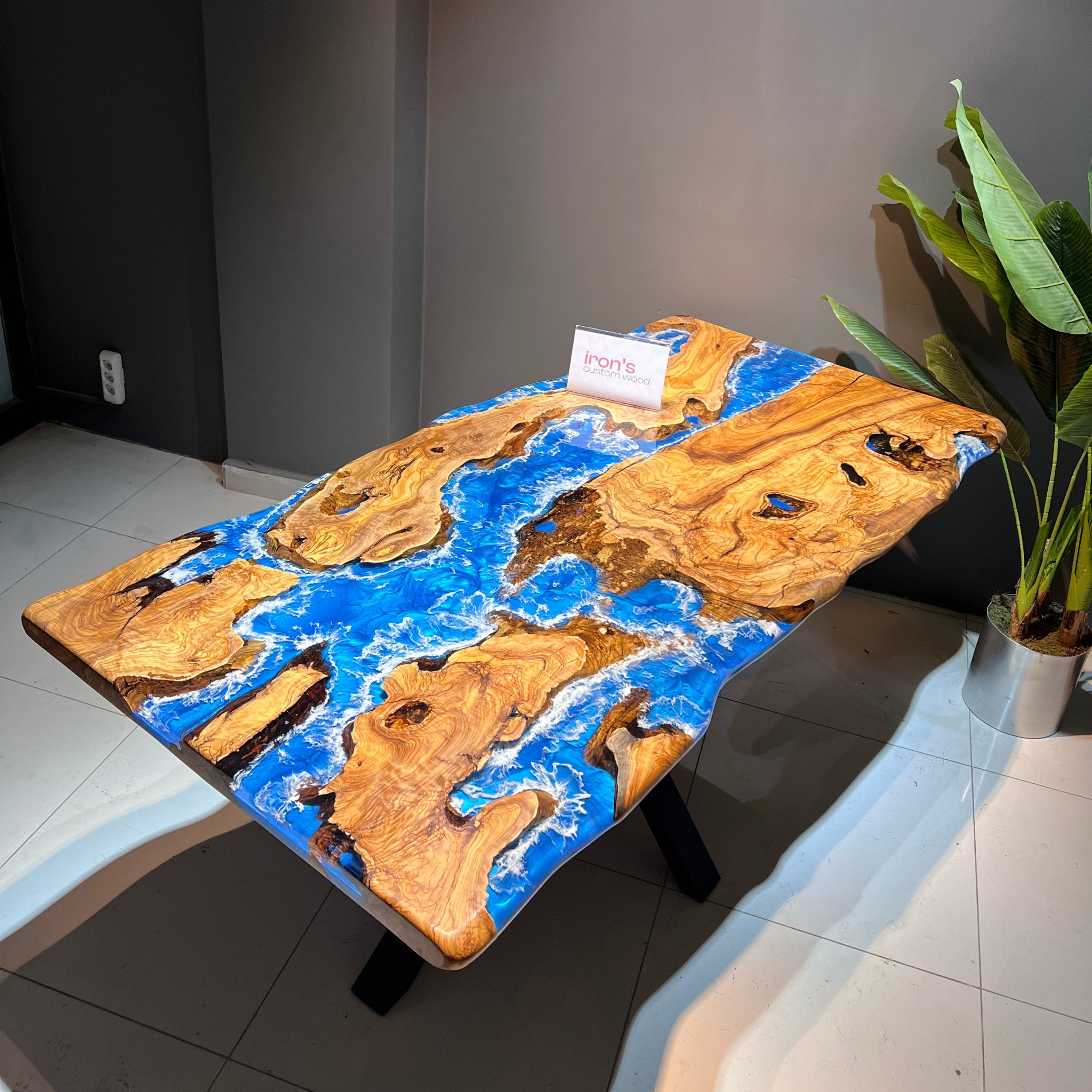 Live Edge Olive Wood Dining Table with Ocean Blue Resin