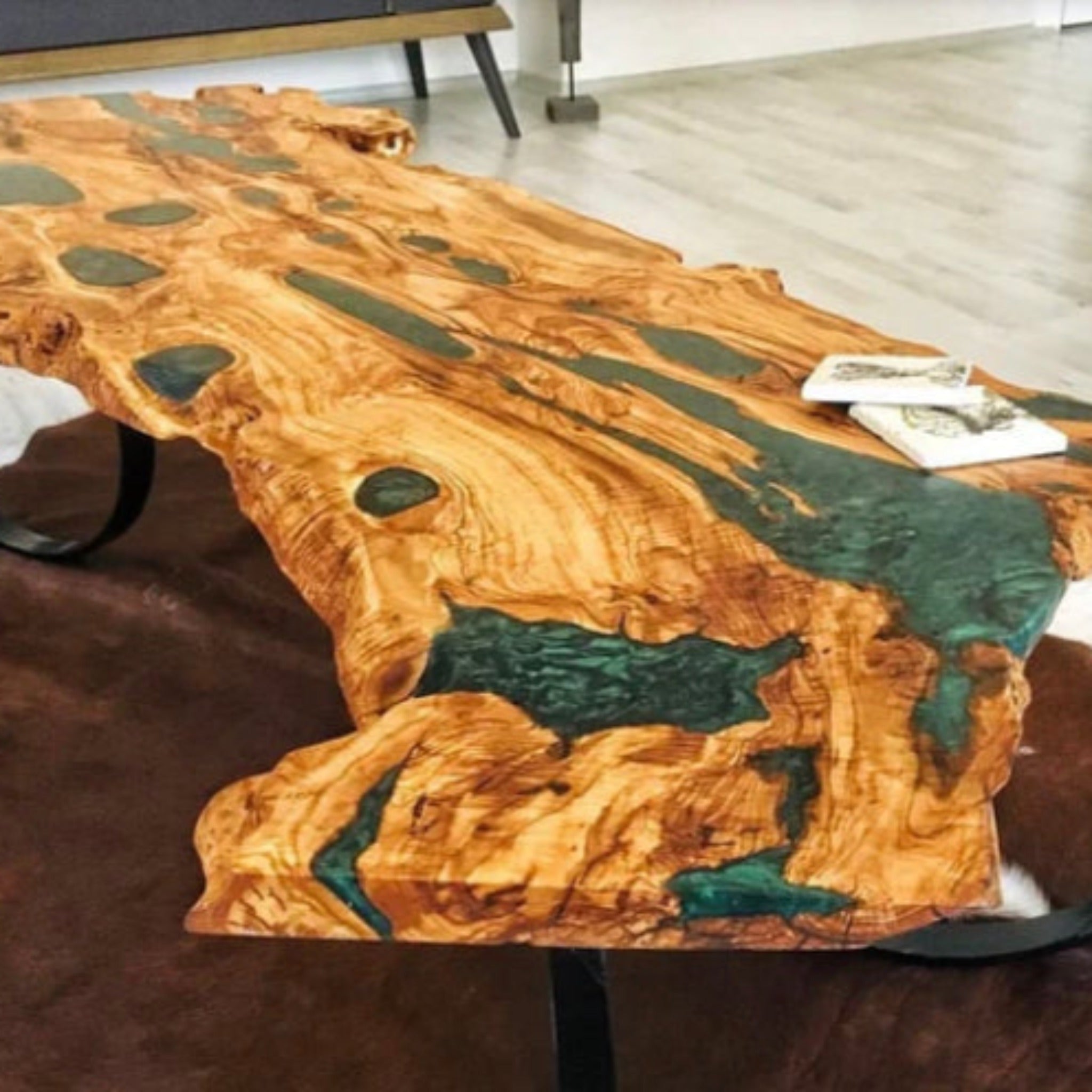 Epoxy Olive Resin Coffee Table, Custom Live edge Olive Wood Slab - Coffee table - Iron's Custom Wood