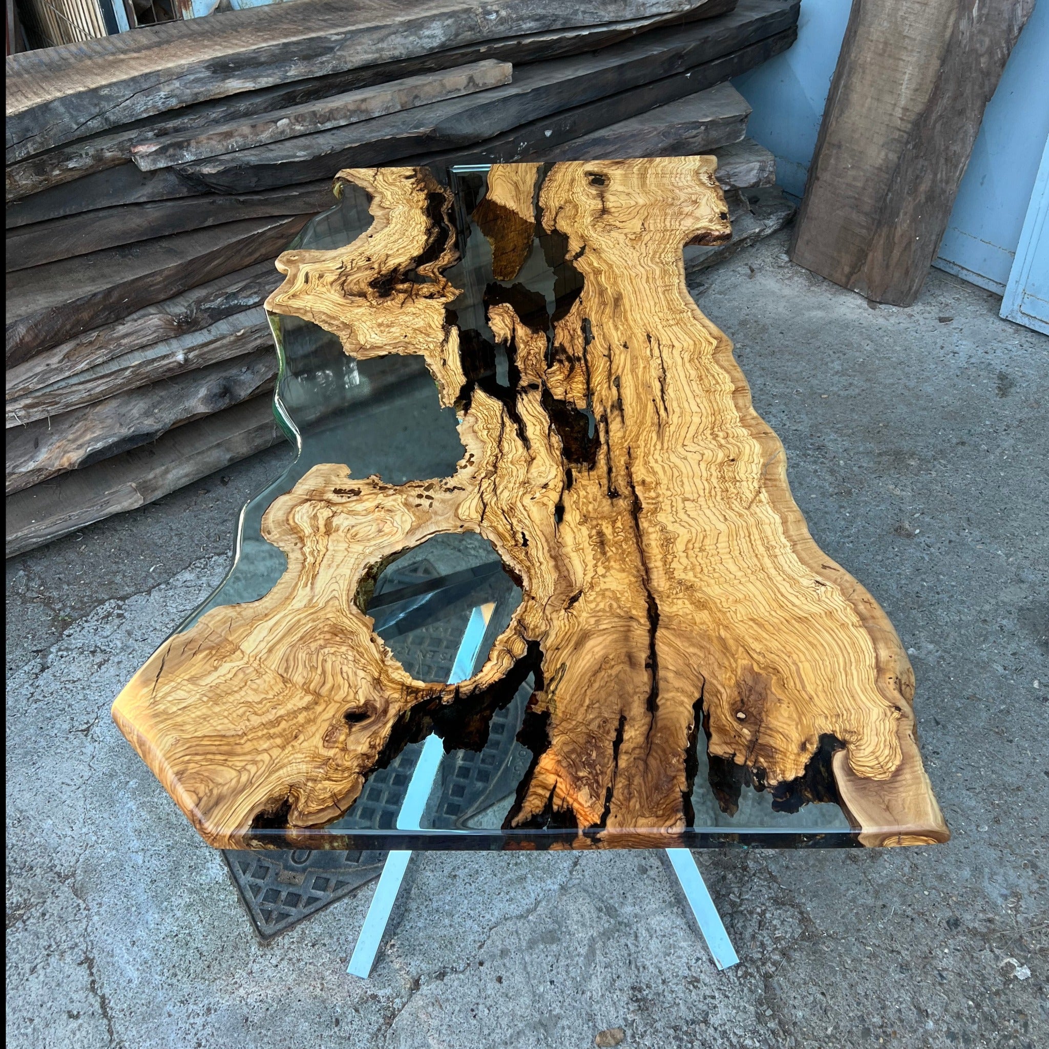 Live edge Clear Epoxy Table made from olive wood | Iron's Custom Wood