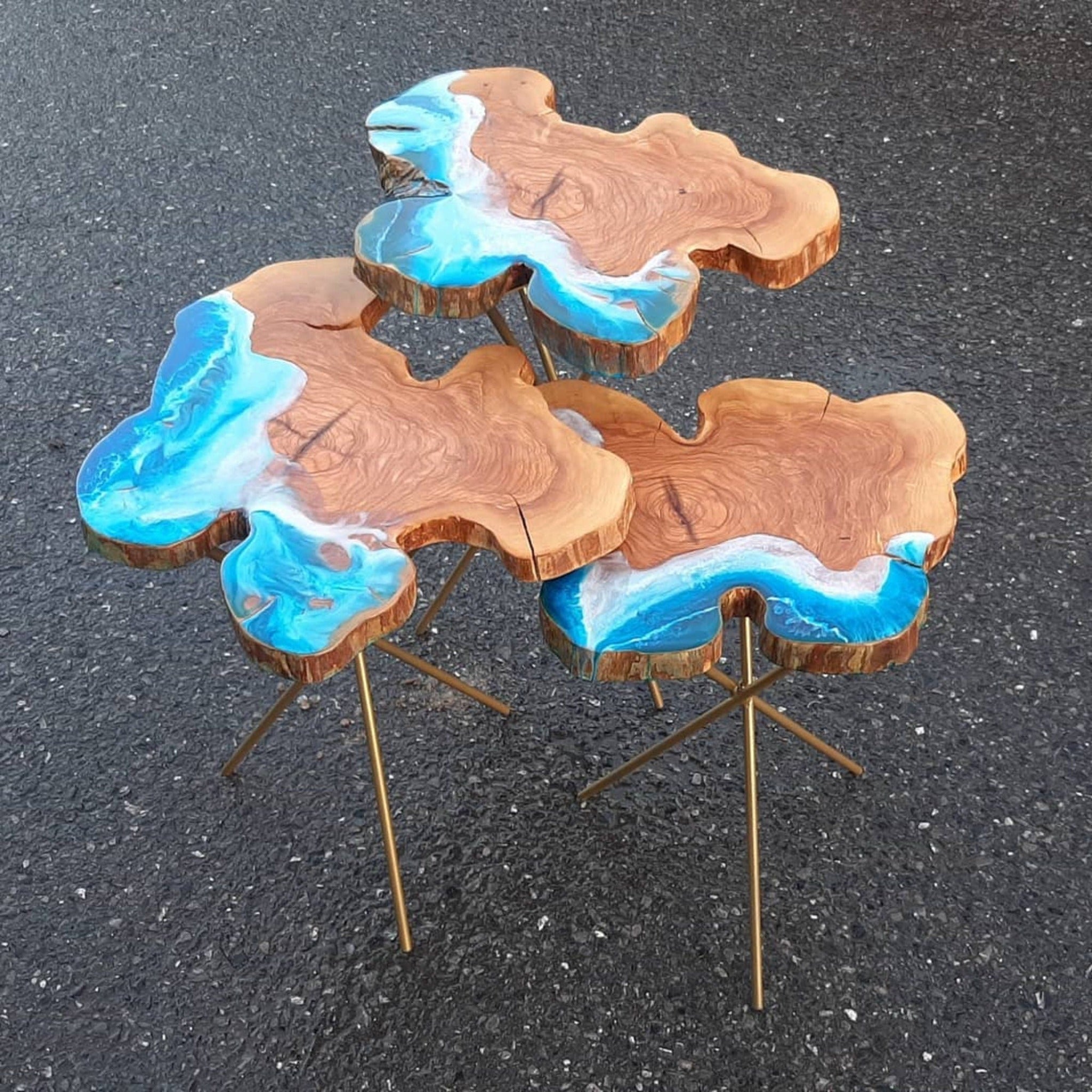 Coffee Table with Wave Epoxy Resin | Custom Ocean Live Edge Side Table - olive wood - Iron's Custom Wood