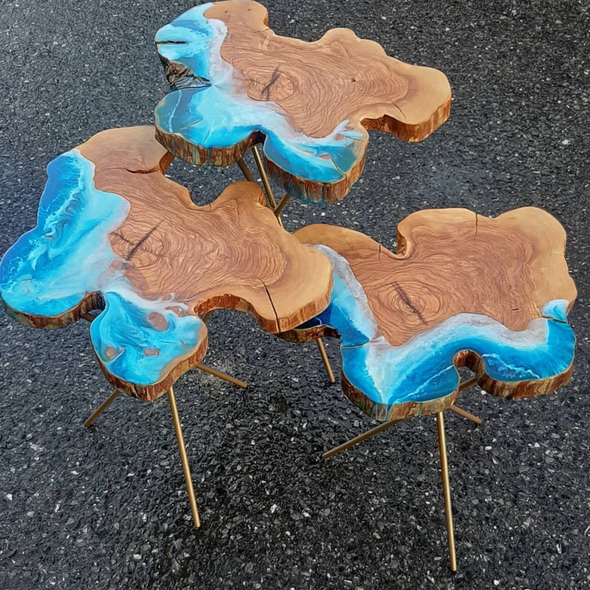 Coffee Table with Wave Epoxy Resin | Custom Ocean Live Edge Side Table - olive wood - Iron's Custom Wood