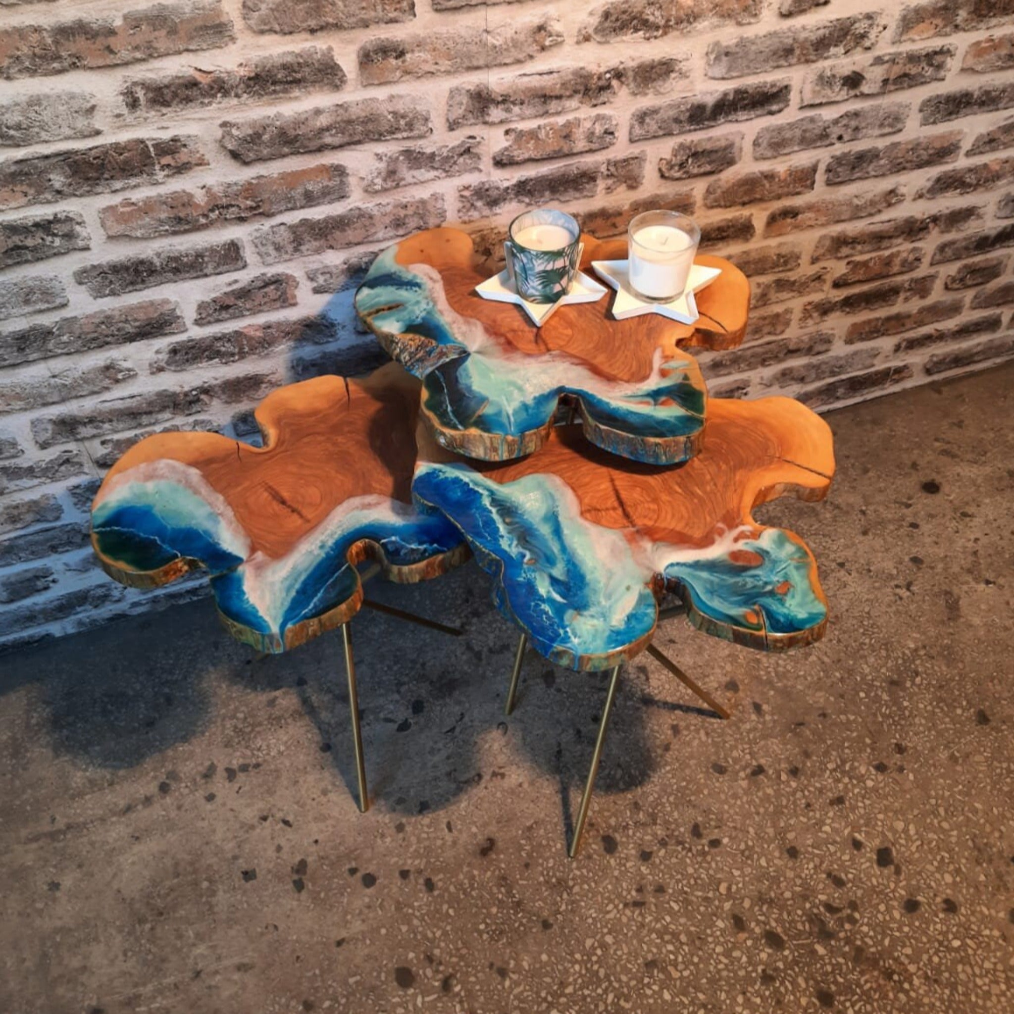 Coffee Table with Wave Epoxy Resin | Custom Ocean Live Edge Side Table - olive wood - Iron's Custom Wood