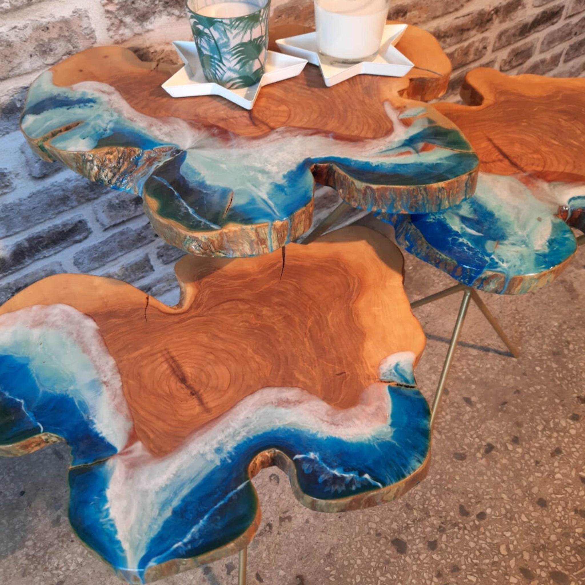 Coffee Table with Wave Epoxy Resin | Custom Ocean Live Edge Side Table - olive wood - Iron's Custom Wood