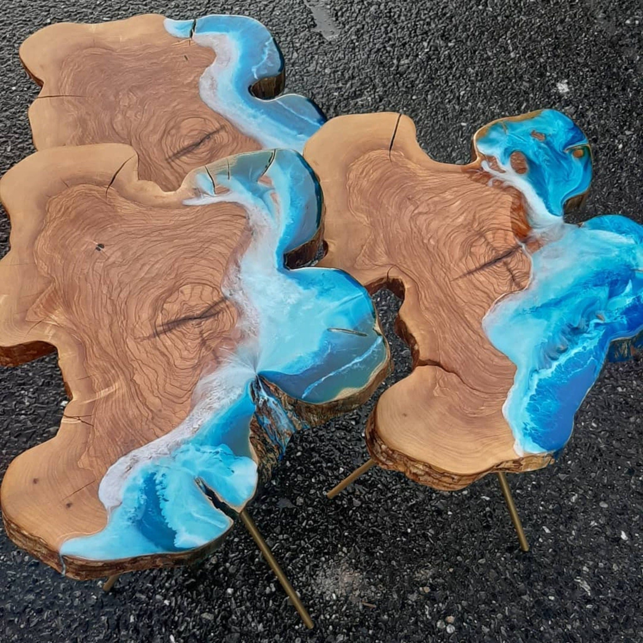 Coffee Table with Wave Epoxy Resin | Custom Ocean Live Edge Side Table - olive wood - Iron's Custom Wood