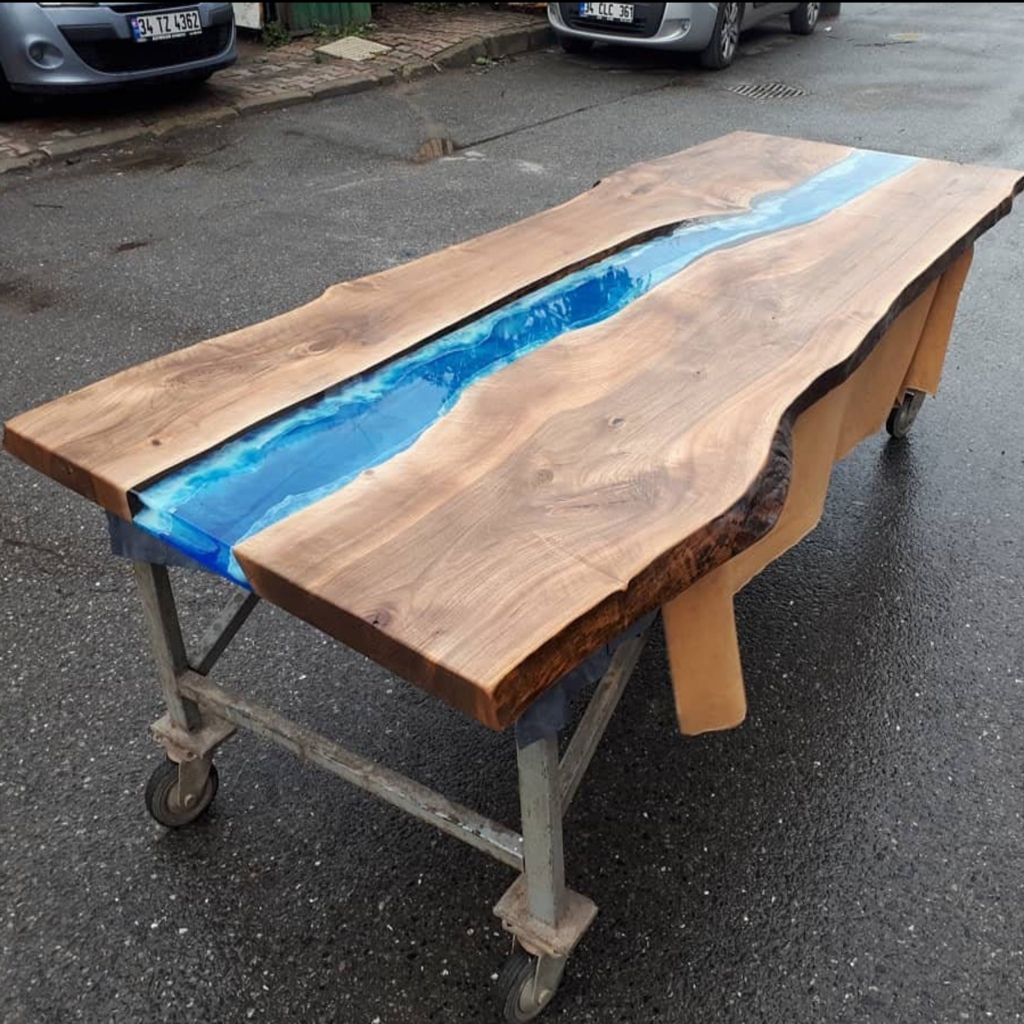 Custom Deep Blue Ocean Epoxy Table - Iron's Custom Wood