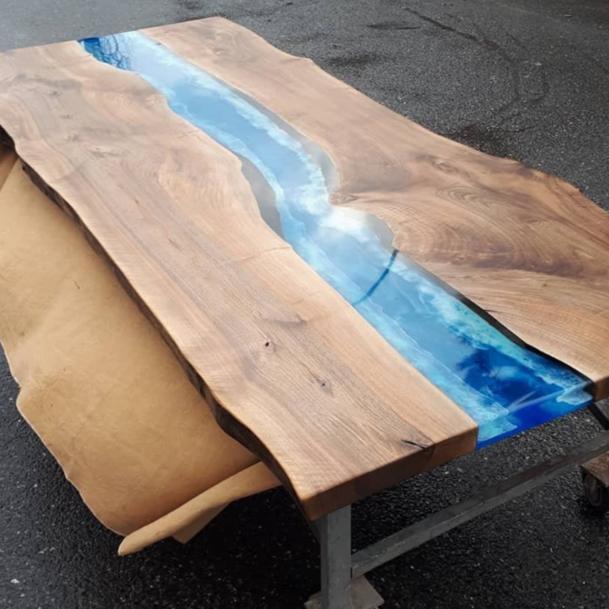 Custom Deep Blue Ocean Epoxy Table - Iron's Custom Wood