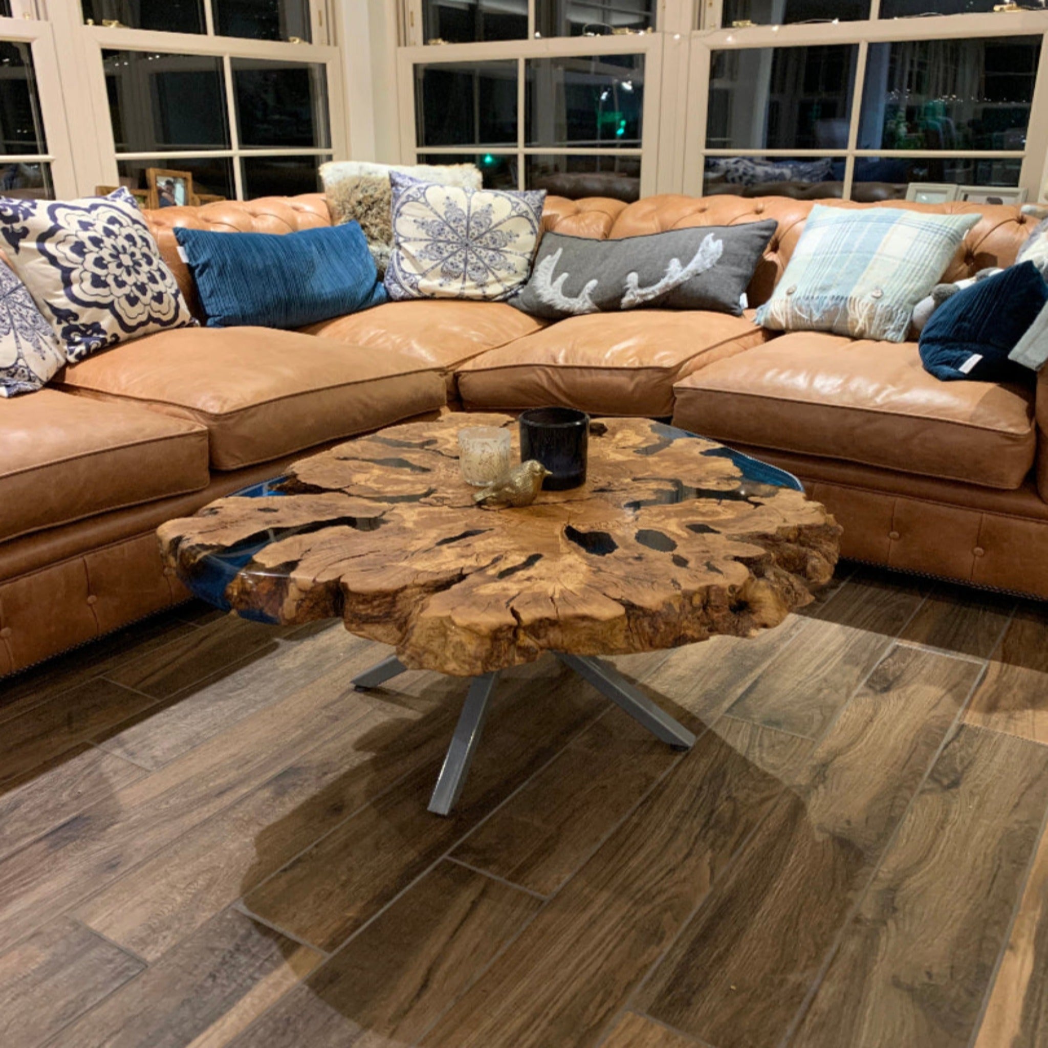 Live Edge Coffee Table with Epoxy Resin Olive Wood Burl Slab Round Custom Center and Side Table