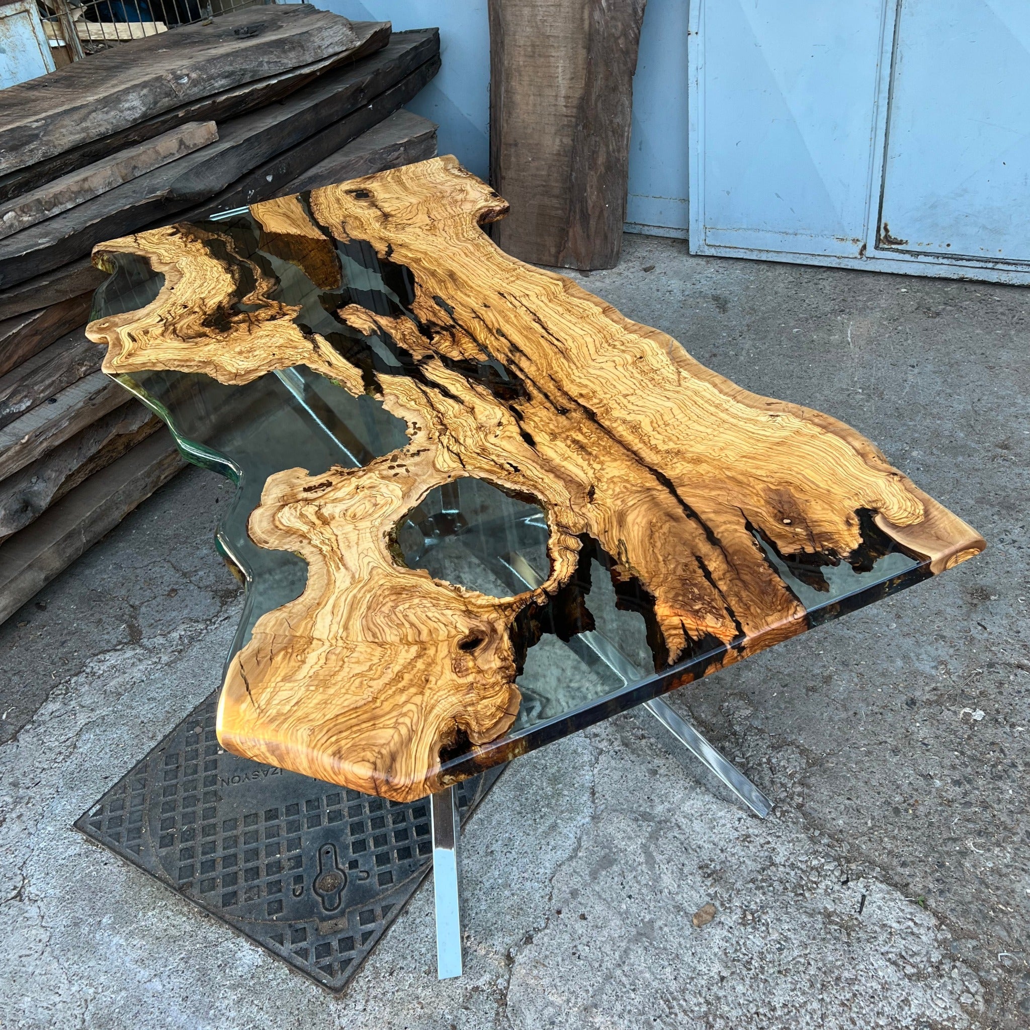 Live edge Clear Epoxy Table made from olive wood - Kitchen & Dining Room Tables - Iron's Custom Wood