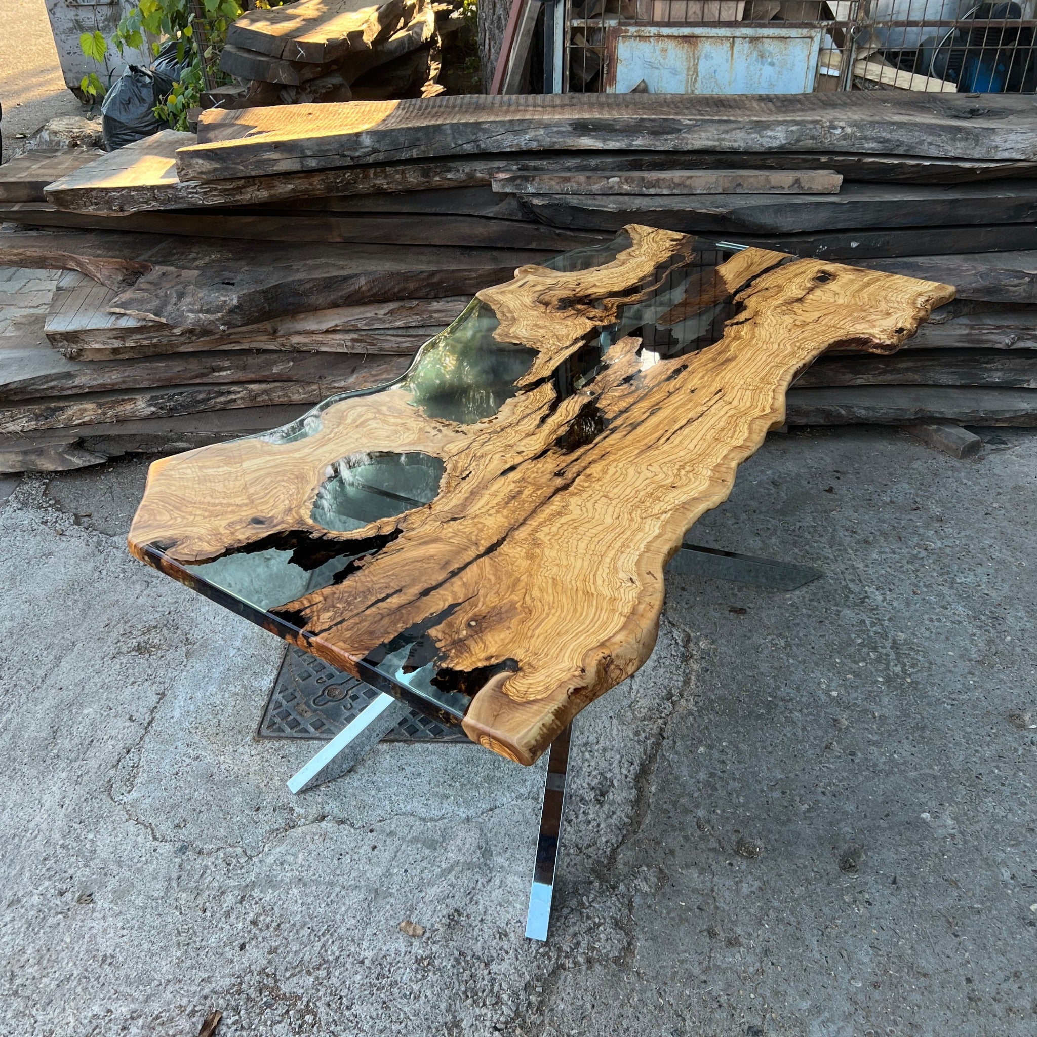 Live edge Clear Epoxy Table made from olive wood - Kitchen & Dining Room Tables - Iron's Custom Wood
