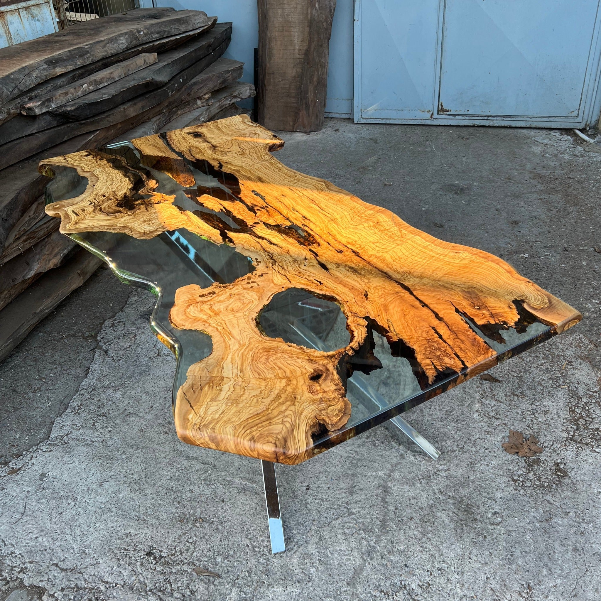 Live edge Clear Epoxy Table made from olive wood - Kitchen & Dining Room Tables - Iron's Custom Wood