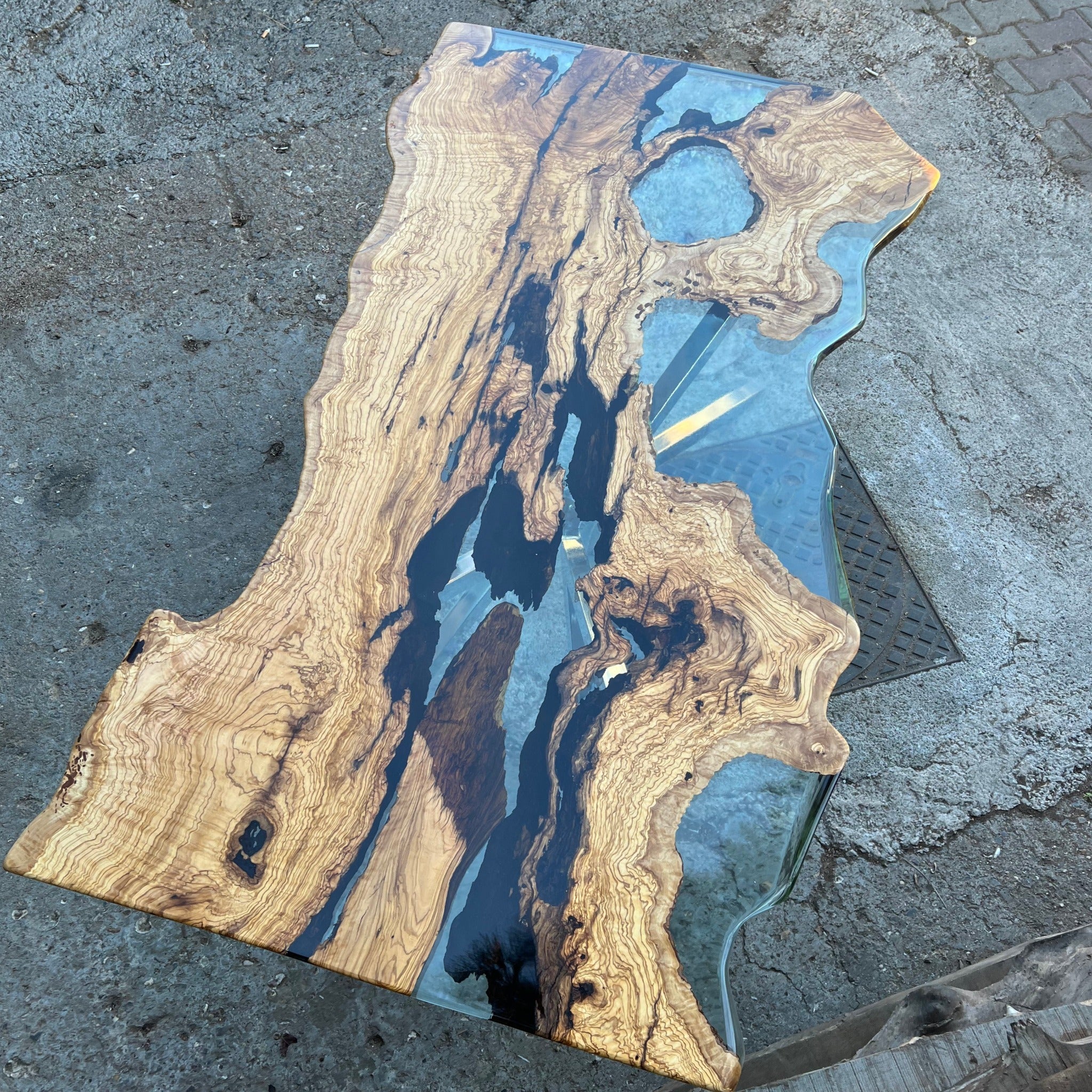Live edge Clear Epoxy Table made from olive wood - Kitchen & Dining Room Tables - Iron's Custom Wood