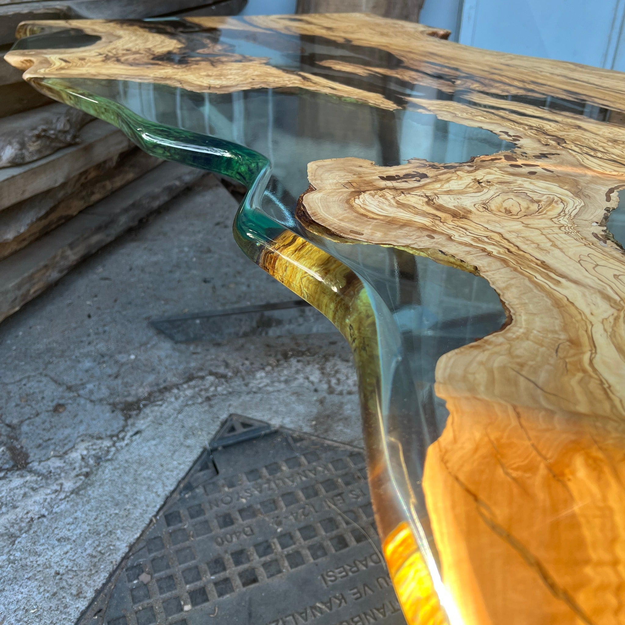 Live edge Clear Epoxy Table made from olive wood - Kitchen & Dining Room Tables - Iron's Custom Wood