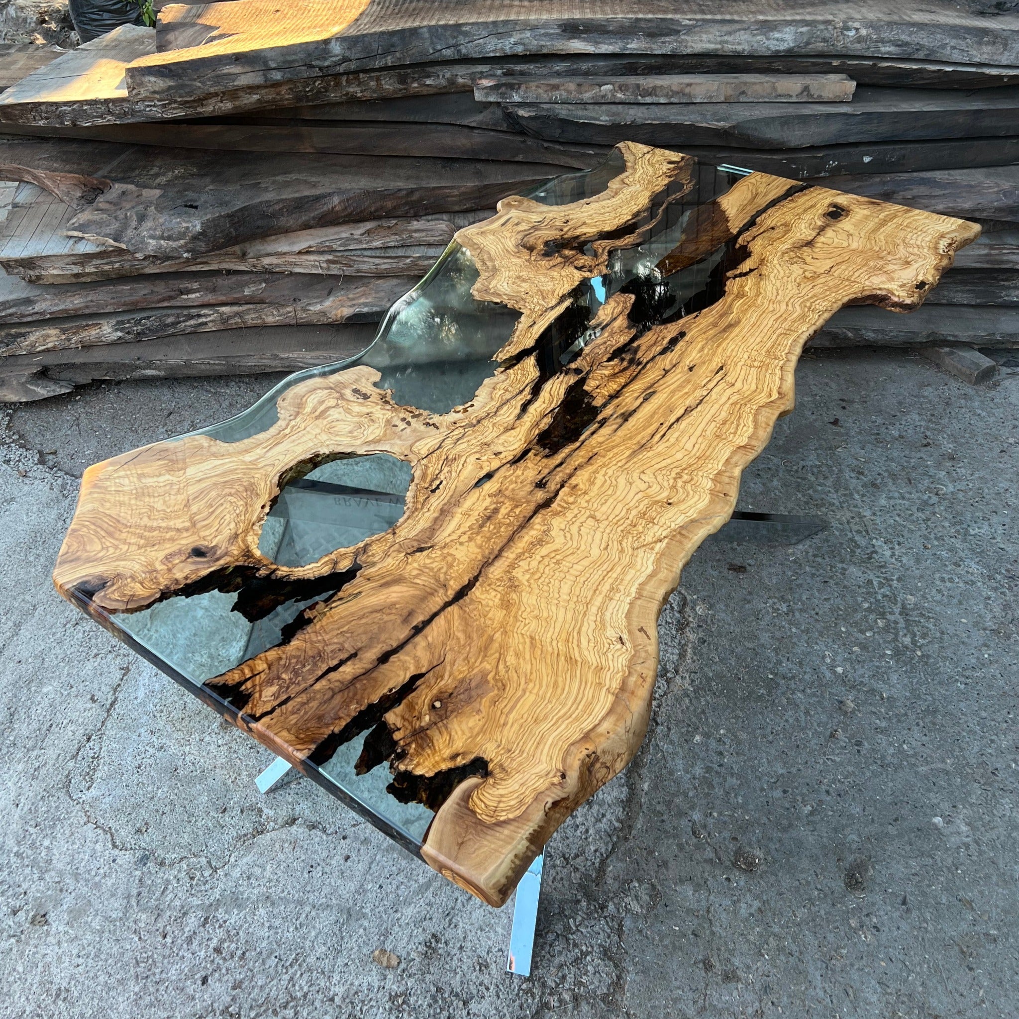 Live edge Clear Epoxy Table made from olive wood - Kitchen & Dining Room Tables - Iron's Custom Wood