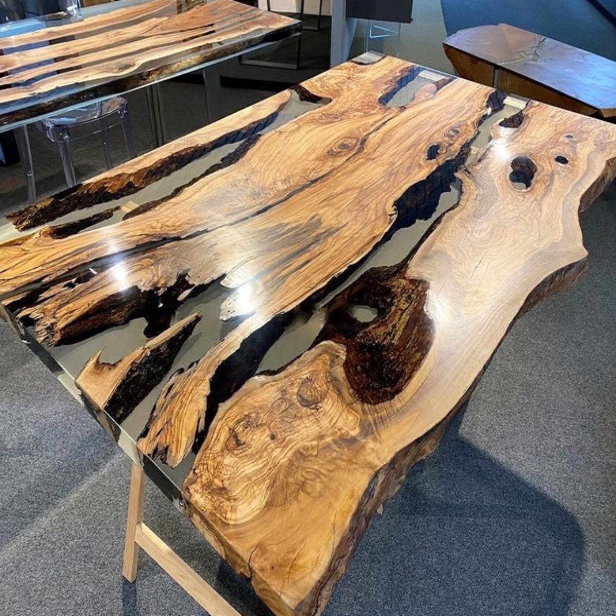 Live Edge Olive Epoxy Table Resin Dining Table - Iron's Custom Wood