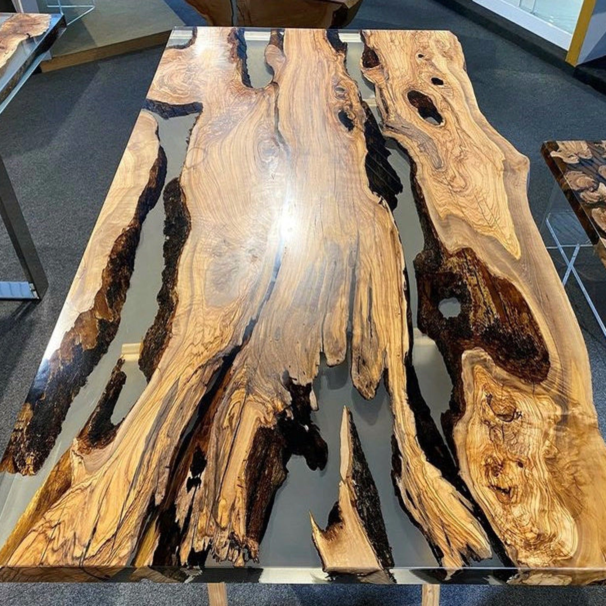Live Edge Olive Epoxy Table Resin Dining Table - Iron's Custom Wood