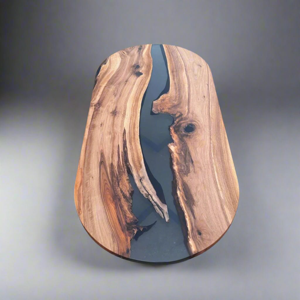 Oval epoxy river dining table - Walnut wood and smoke resin oval table - Iron's Custom Wood