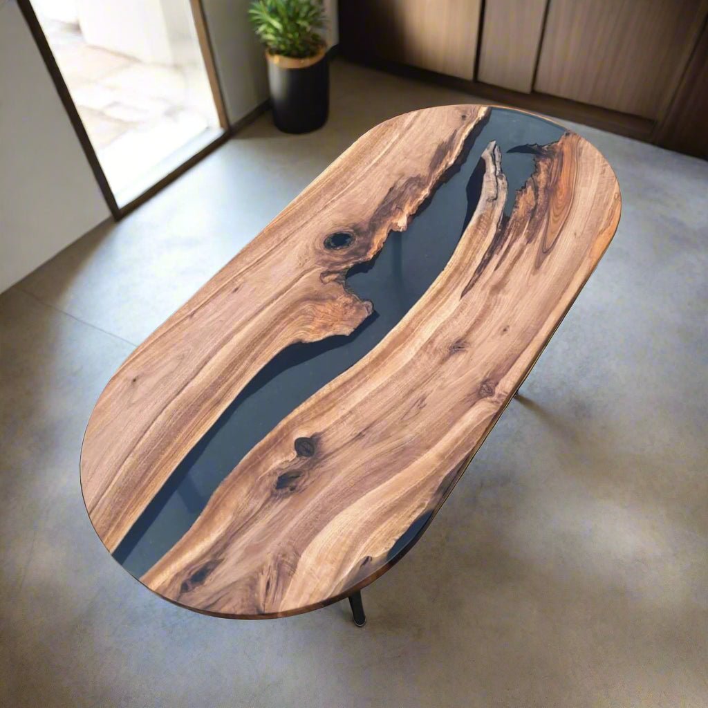 Oval epoxy river dining table - Walnut wood and smoke resin oval table - Iron's Custom Wood