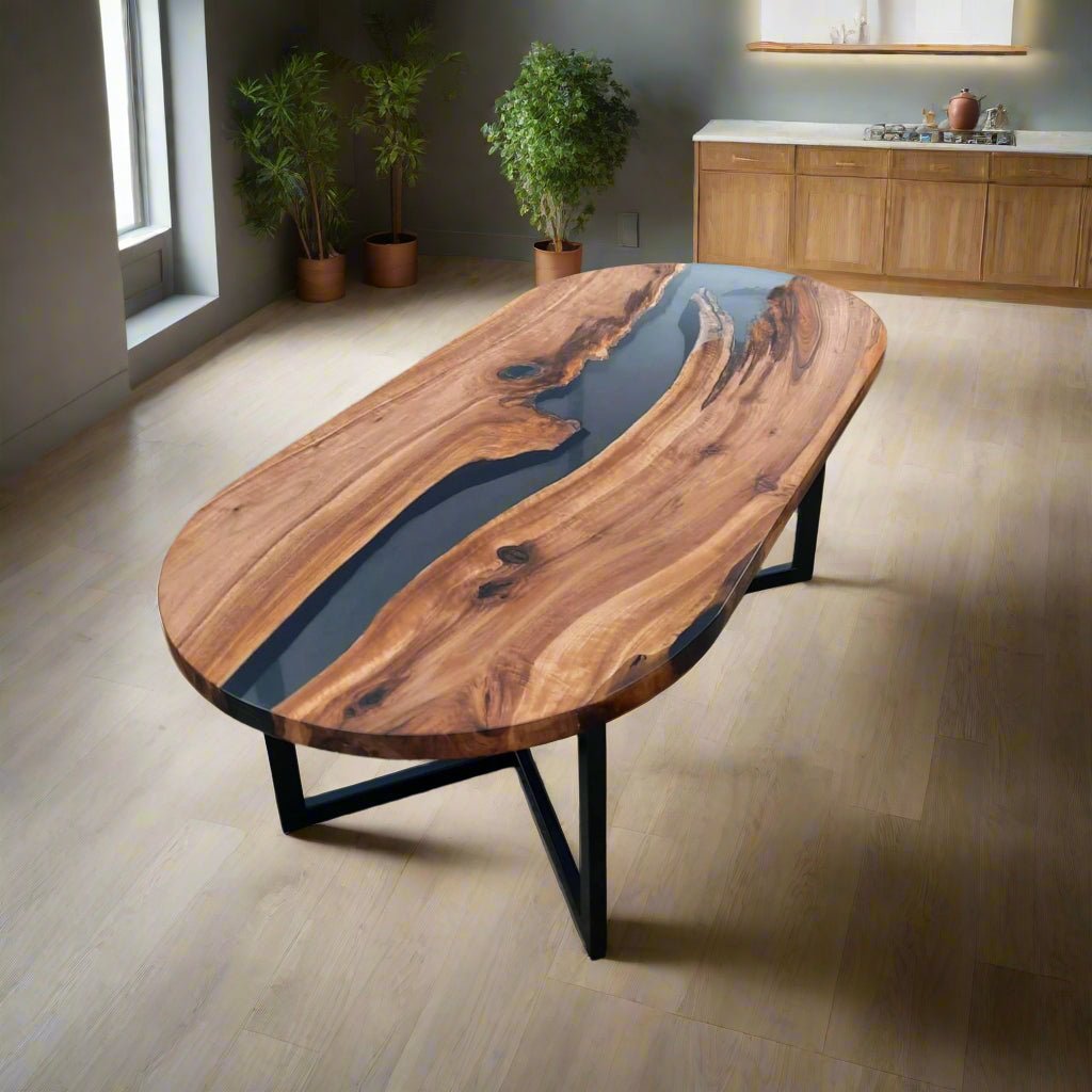 Oval epoxy river dining table - Walnut wood and smoke resin oval table - Iron's Custom Wood