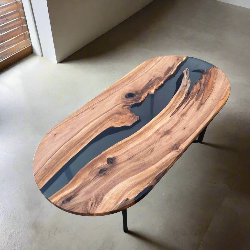 Oval epoxy river dining table - Walnut wood and smoke resin oval table - Iron's Custom Wood