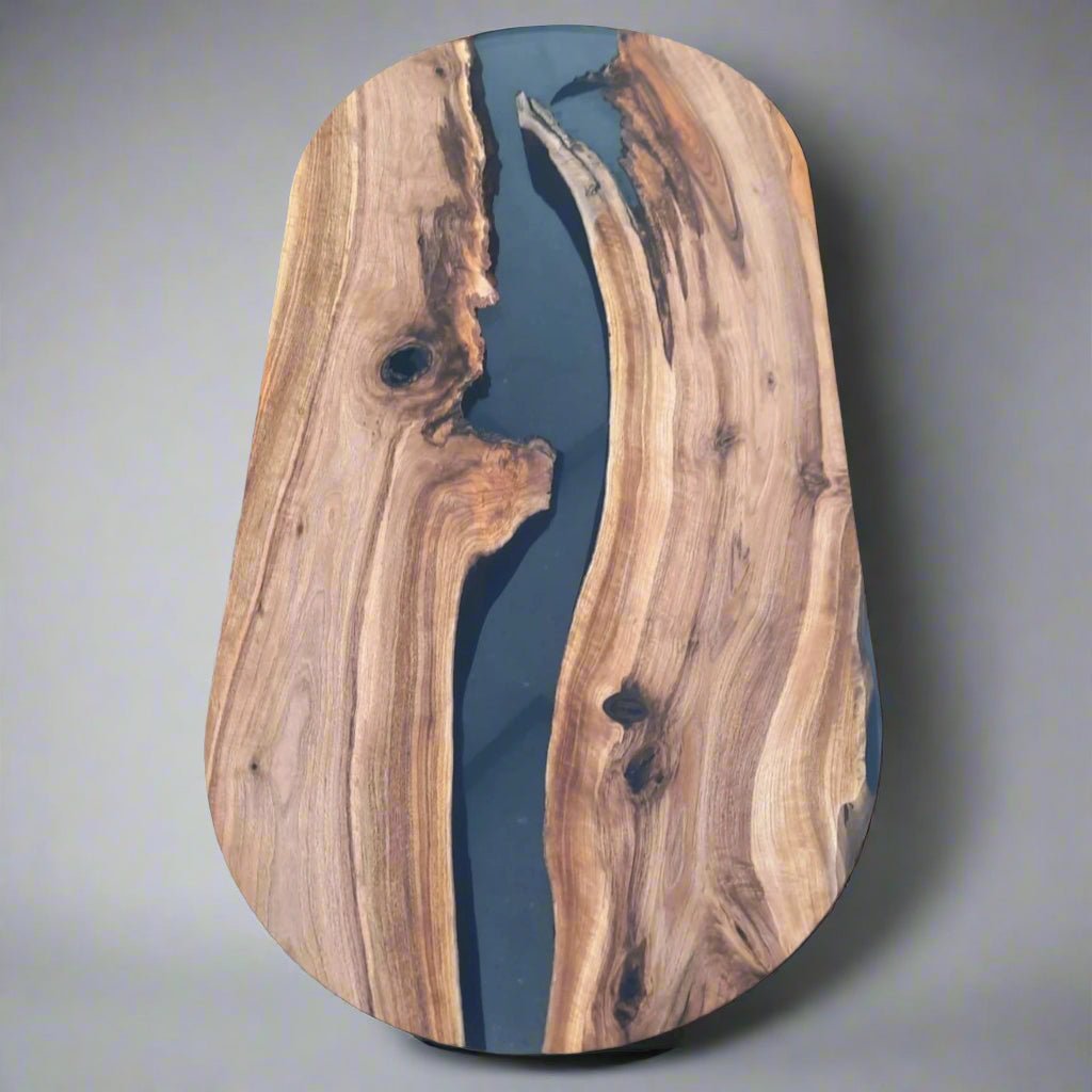 Oval epoxy river dining table - Walnut wood and smoke resin oval table - Iron's Custom Wood