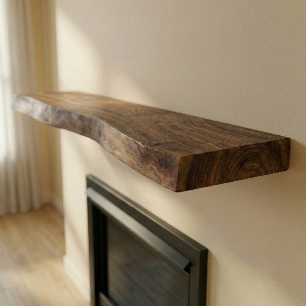 Wooden mantel shelf on a wall above a fireplace