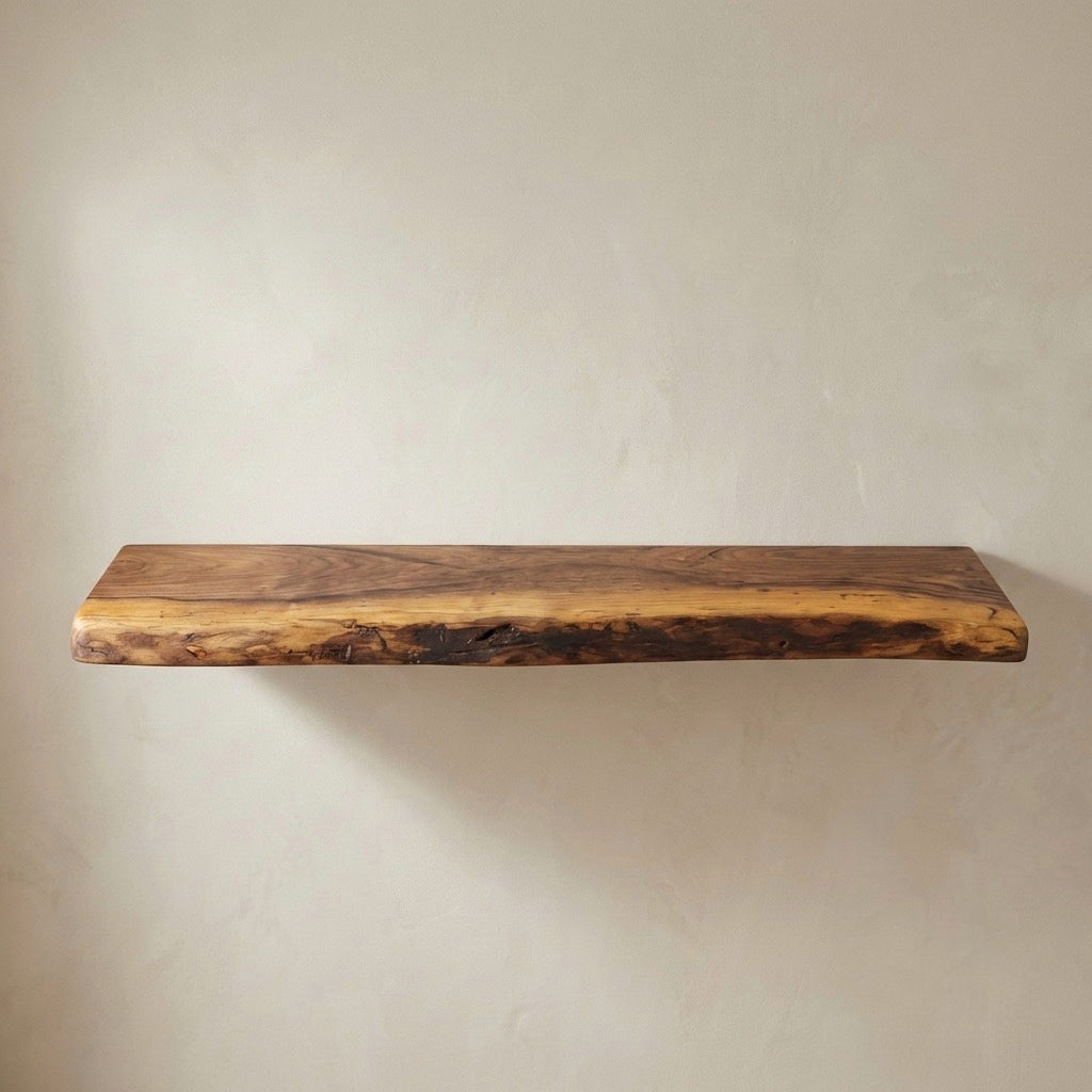 Wooden shelf against a beige wall