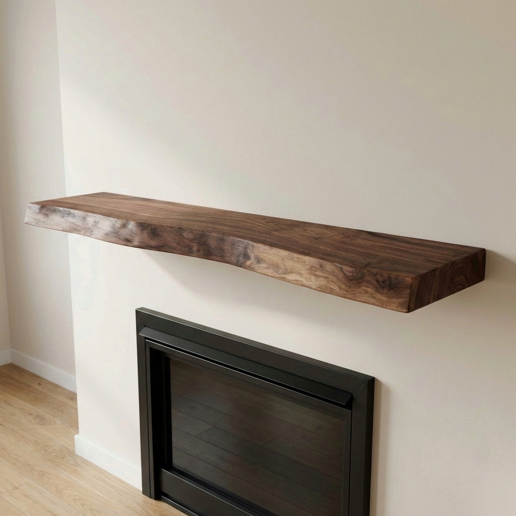 Wooden mantel shelf above a black fireplace in a room with light-colored walls and wooden floor.