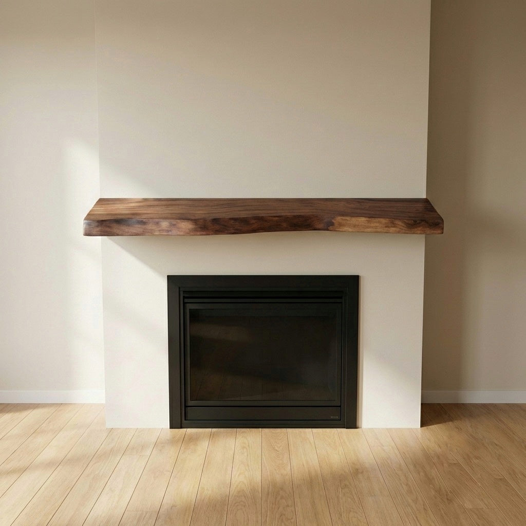 Modern fireplace with wooden mantel against a plain wall.