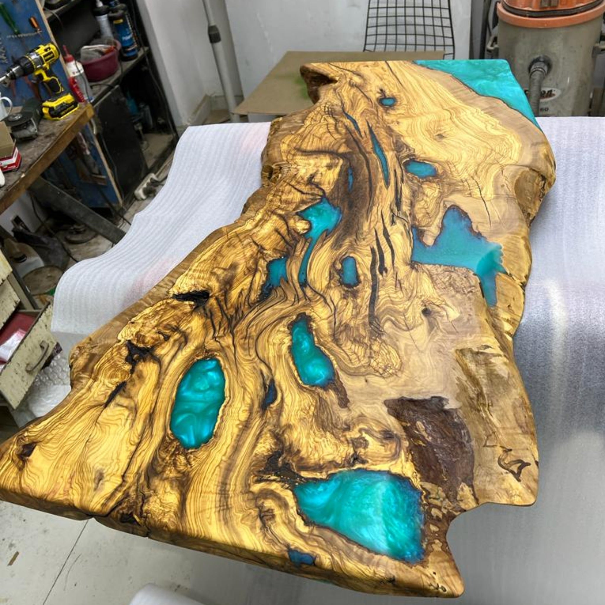 Epoxy Olive Resin Coffee Table, Custom Live edge Olive Wood Slab