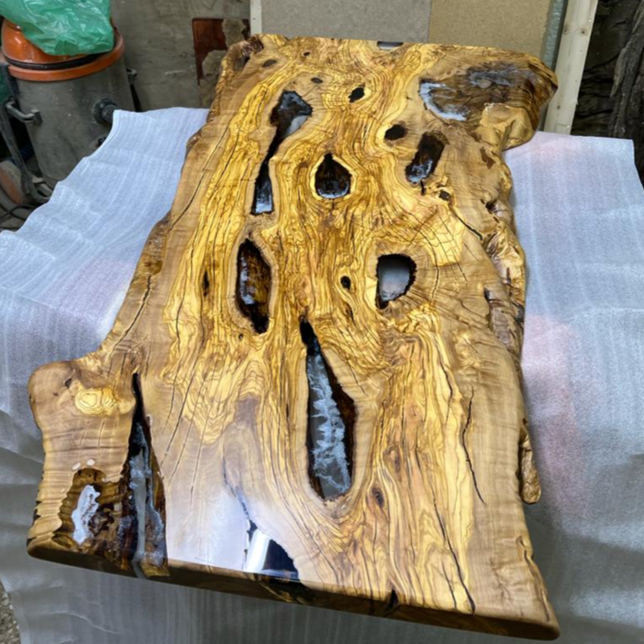 Epoxy Olive Resin Coffee Table, Custom Live edge Olive Wood Slab