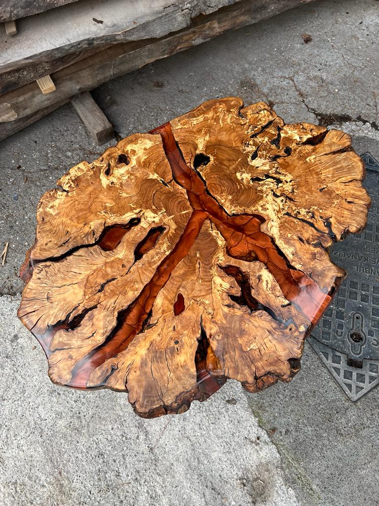 Live Edge Coffee Table with Epoxy Resin Olive Wood Burl Slab Round Custom Center and Side Table - Coffee table - Iron's Custom Wood