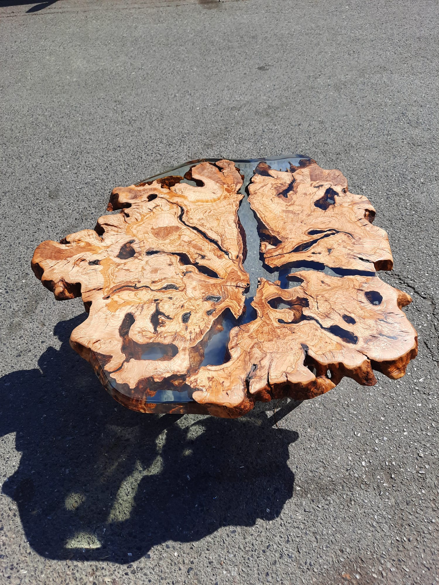 Live Edge Coffee Table with Epoxy Resin Olive Wood Burl Slab Round Custom Center and Side Table - Coffee table - Iron's Custom Wood