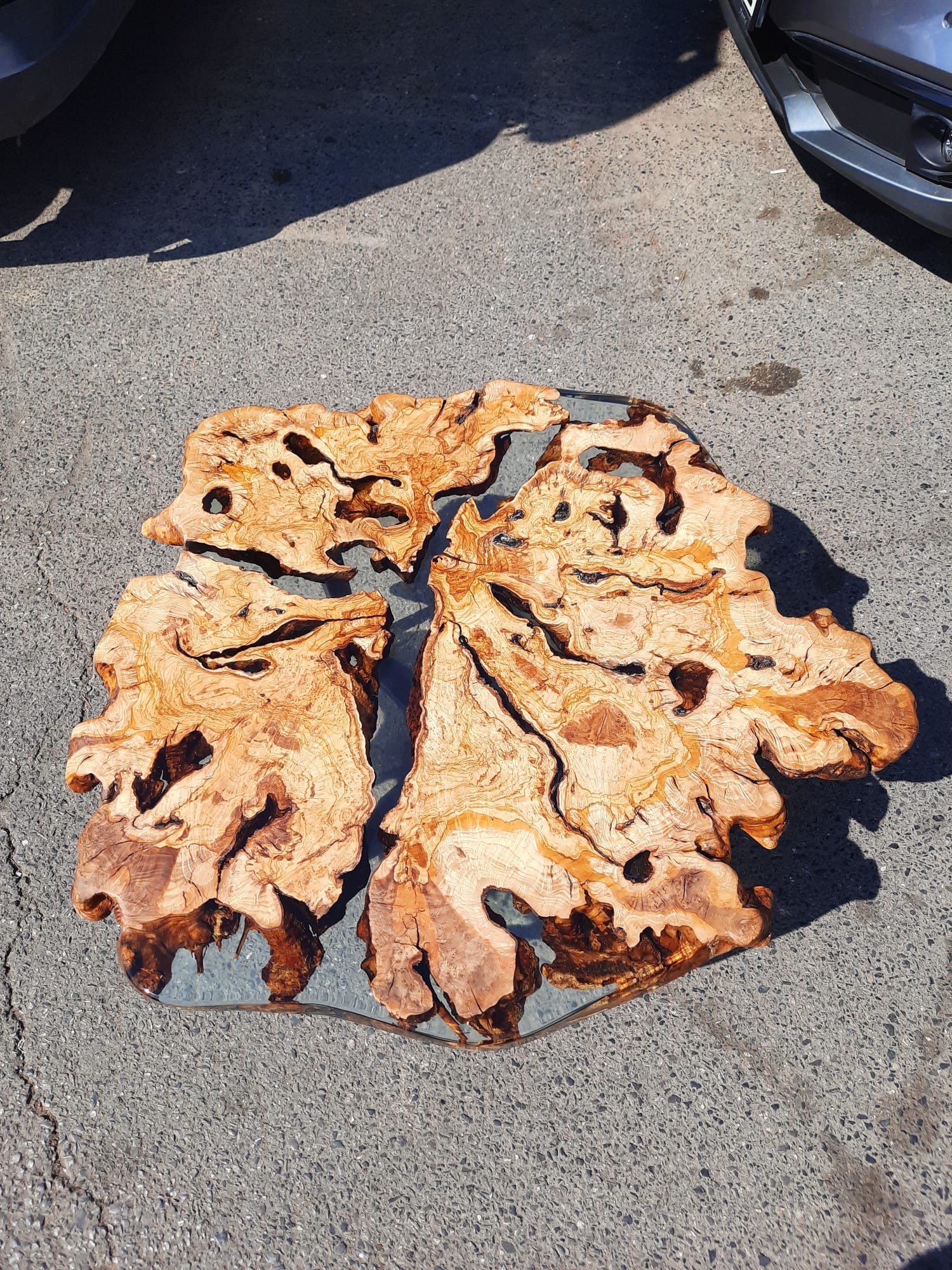 Live Edge Coffee Table with Epoxy Resin Olive Wood Burl Slab Round Custom Center and Side Table - Coffee table - Iron's Custom Wood