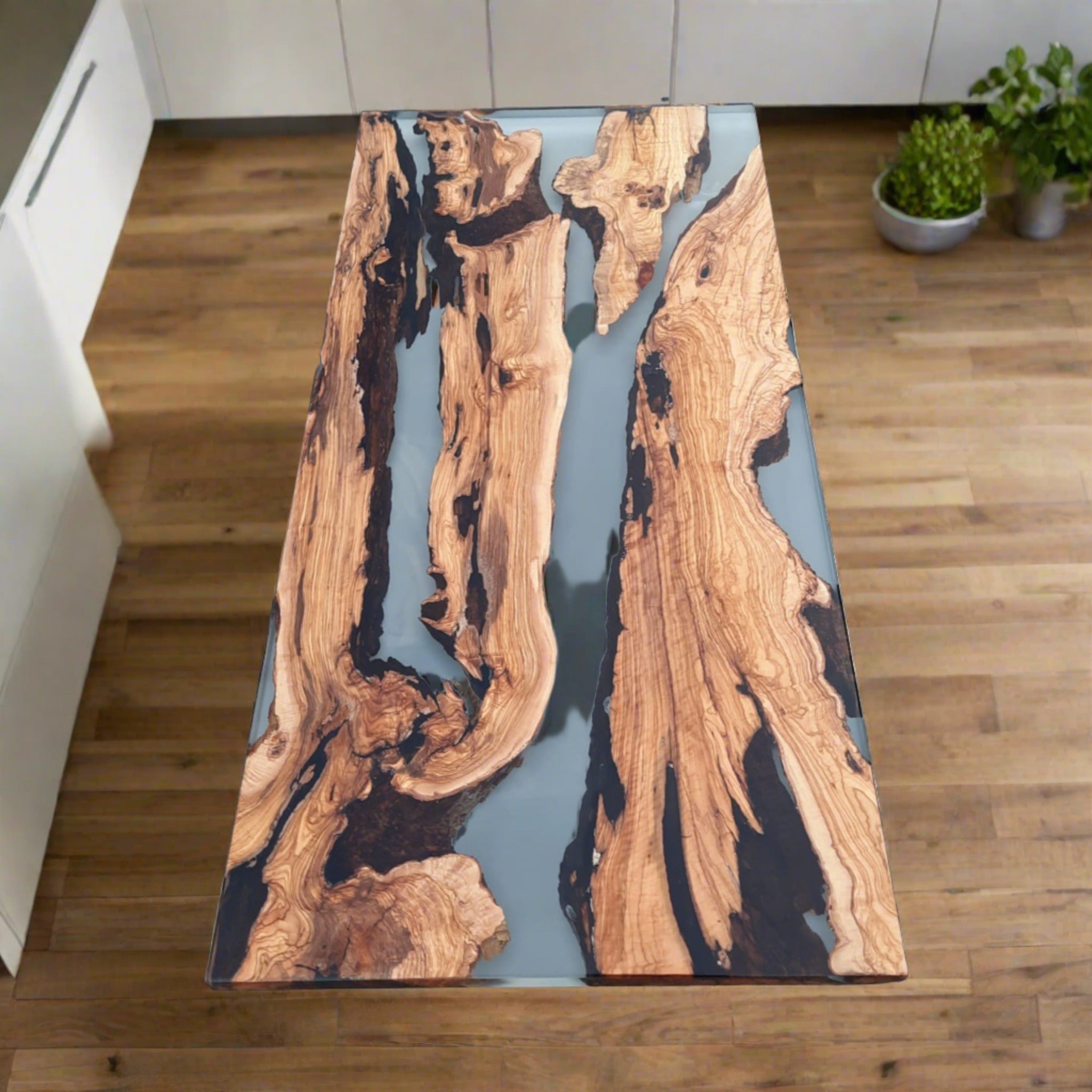 Clear Epoxy Dining Table - Olive wood and clear epoxy table - Iron's Custom Wood