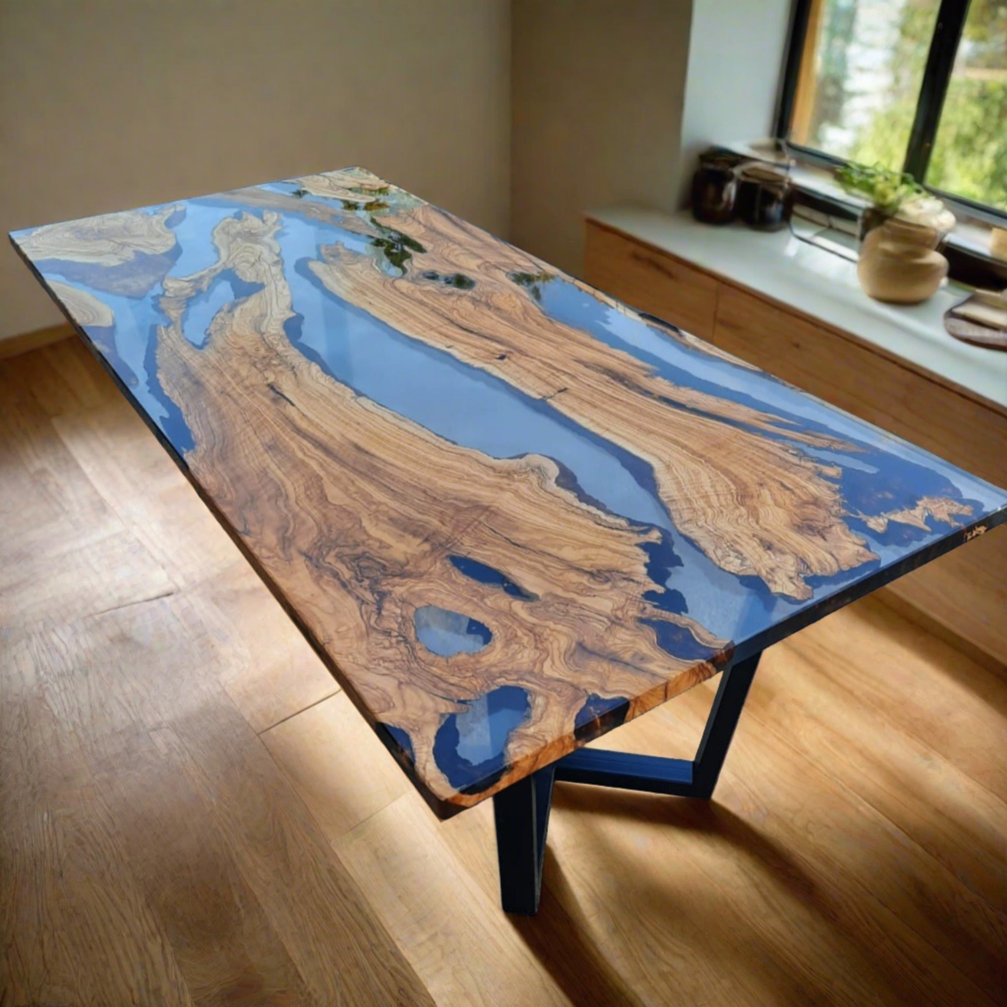 Clear Epoxy Dining Table - Olive wood and clear epoxy table - Iron's Custom Wood