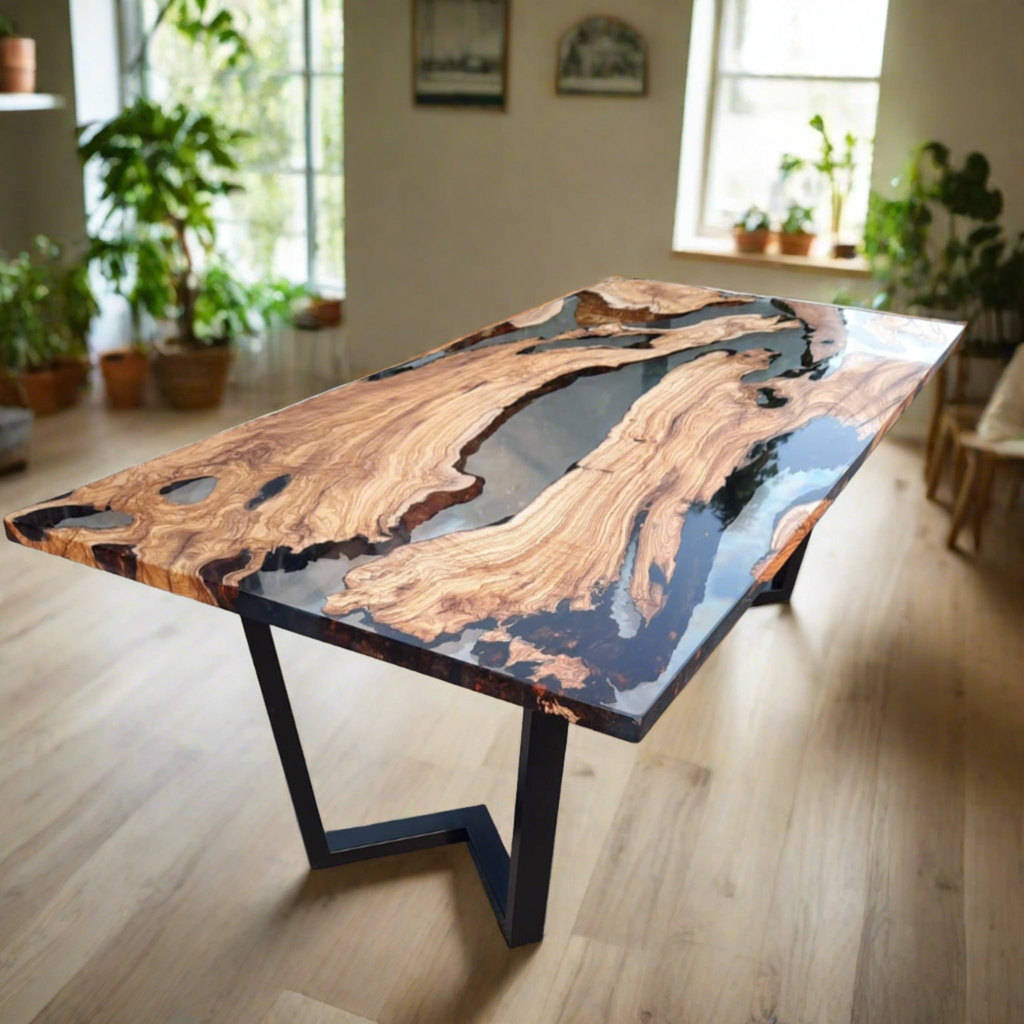 Clear Epoxy Dining Table - Olive wood and clear epoxy table - Iron's Custom Wood