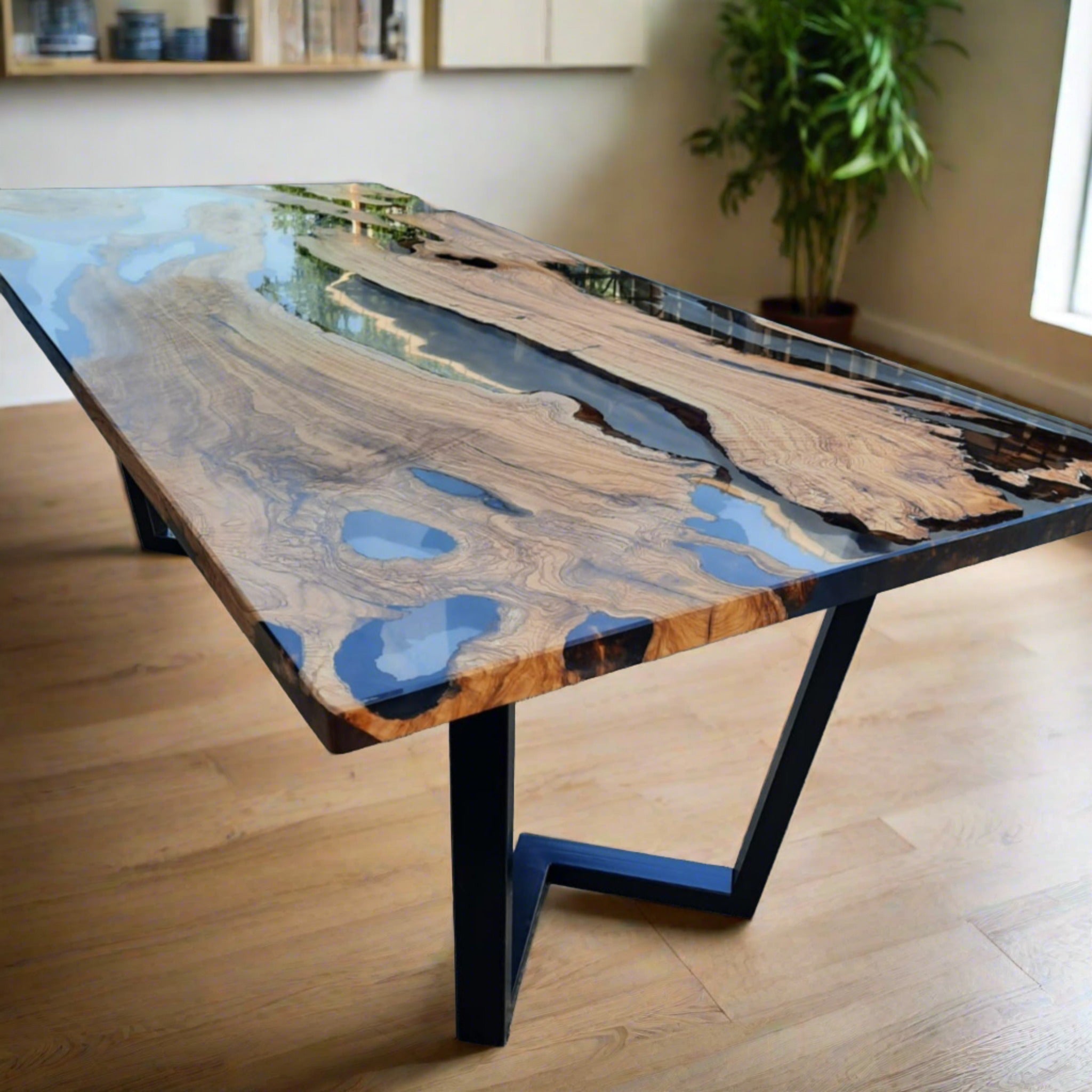 Clear Epoxy Dining Table - Olive wood and clear epoxy table - Iron's Custom Wood