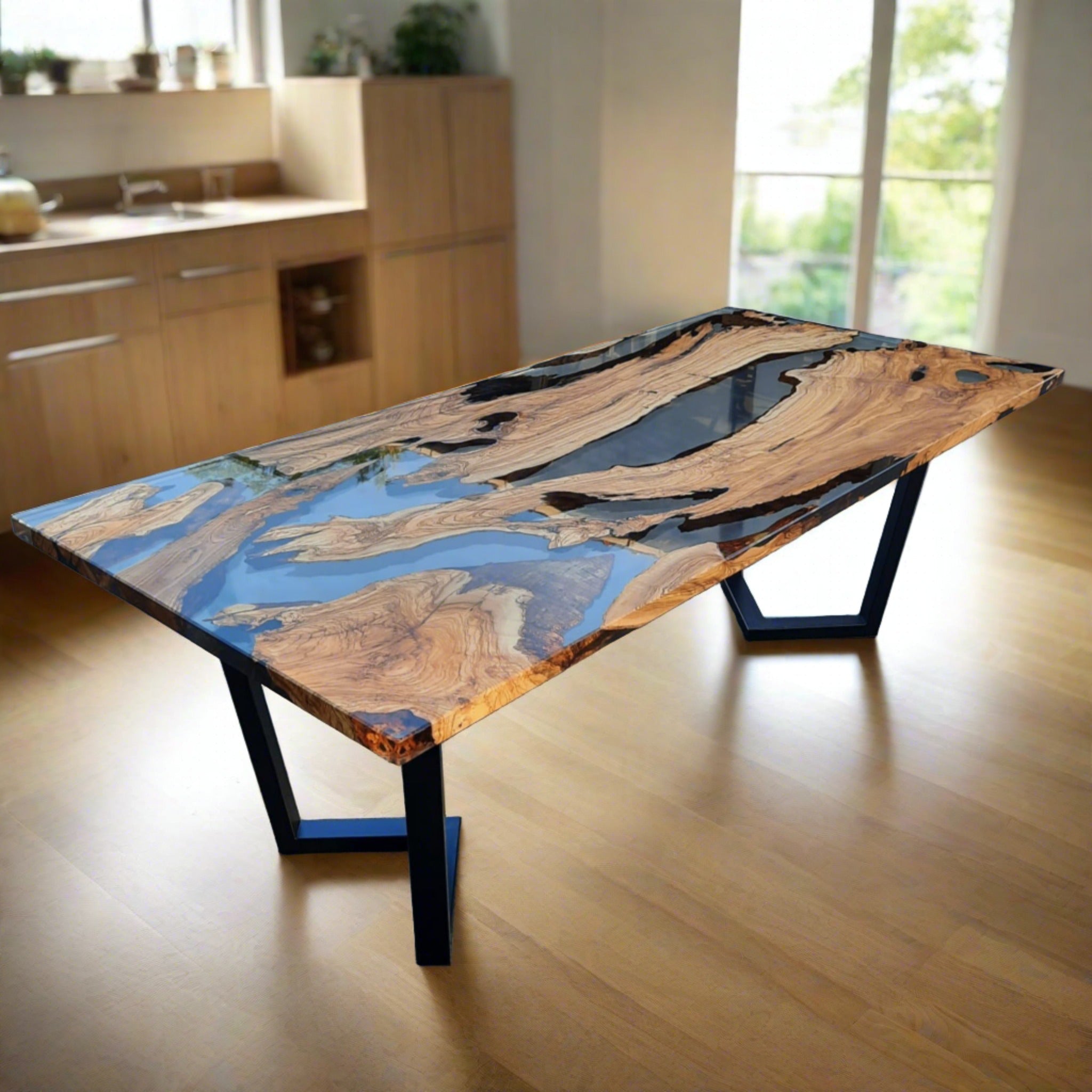 Clear Epoxy Dining Table - Olive wood and clear epoxy table - Iron's Custom Wood